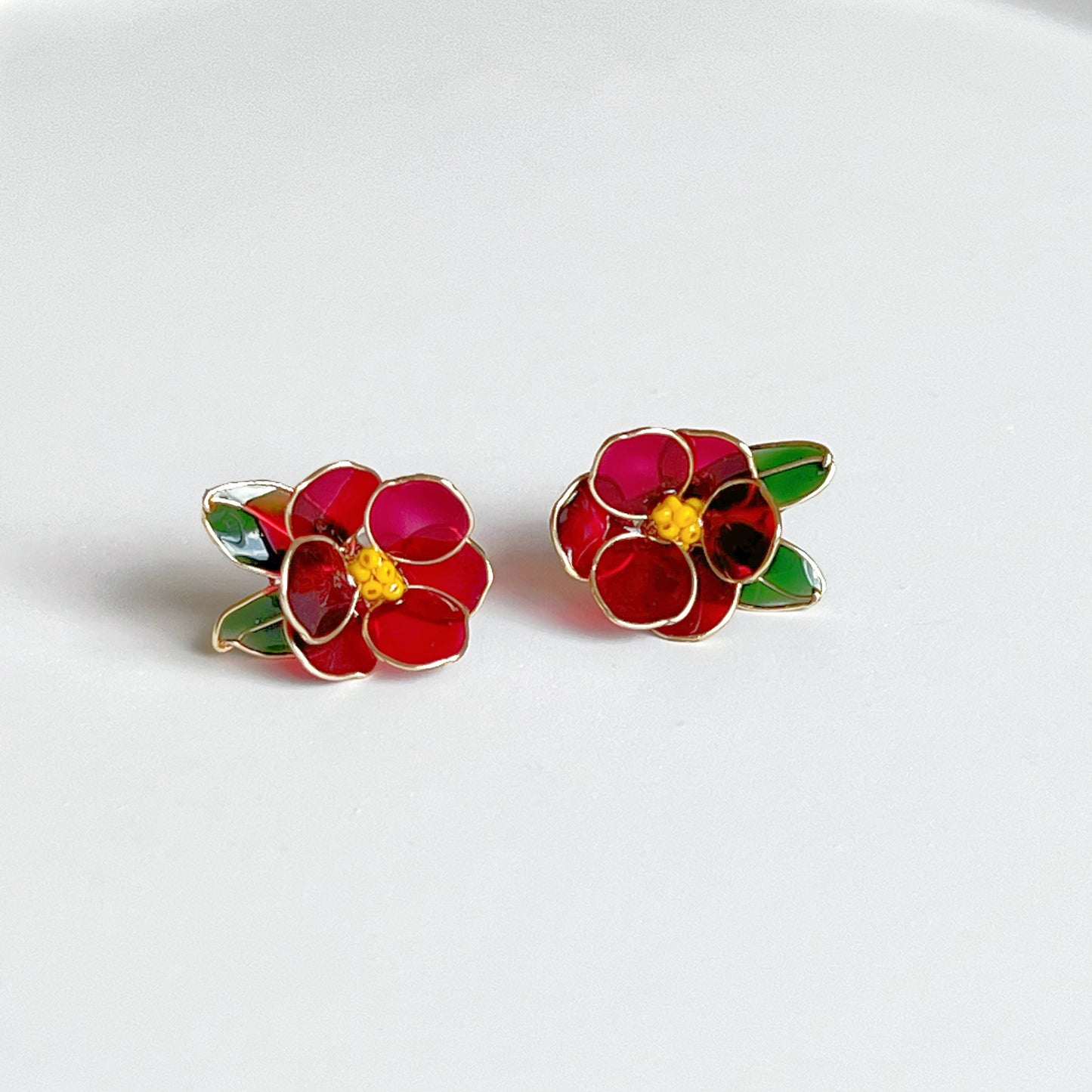 Handmade Red Wild Camellia Flower and Leaves Earrings-Ninaouity