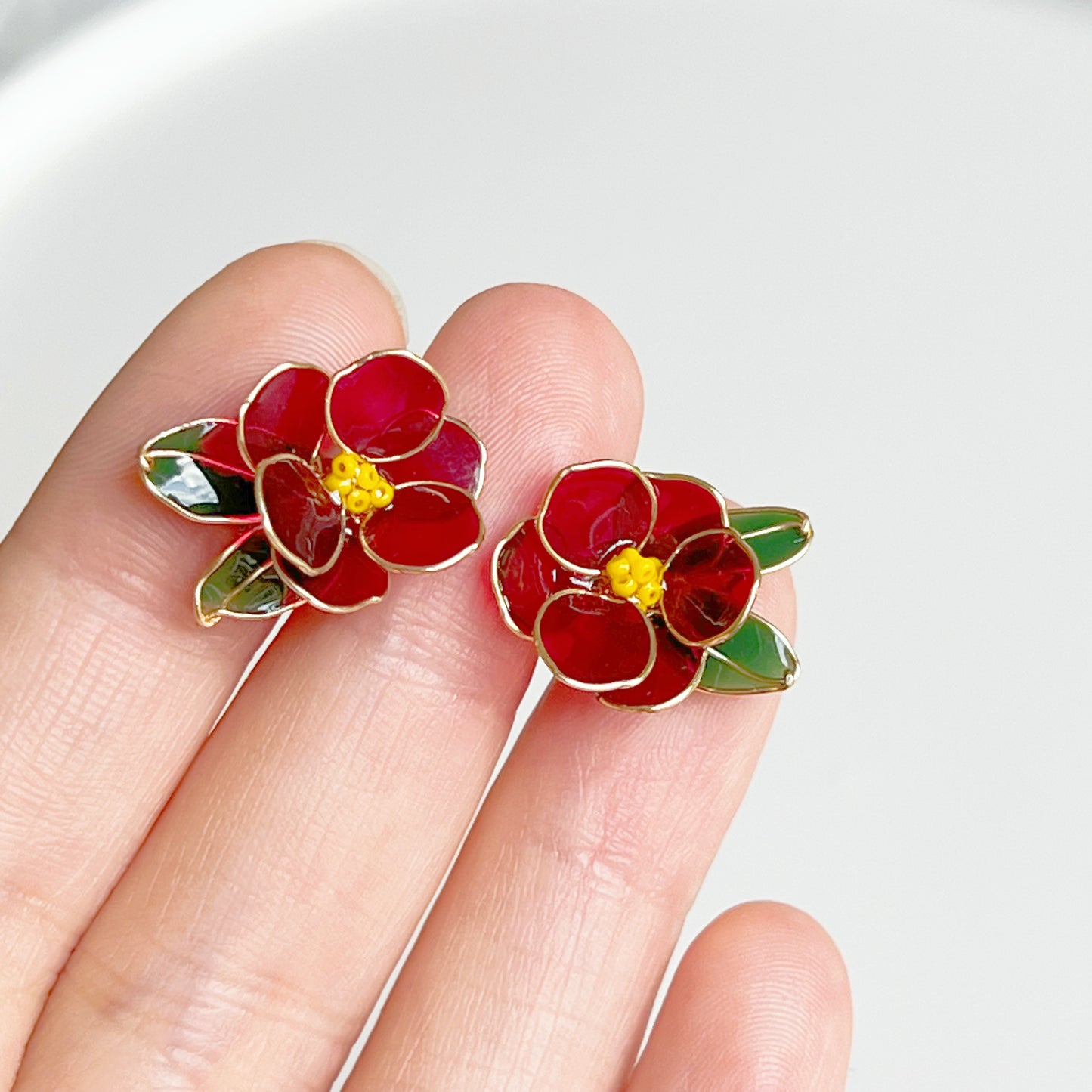 Handmade Red Wild Camellia Flower and Leaves Earrings-Ninaouity