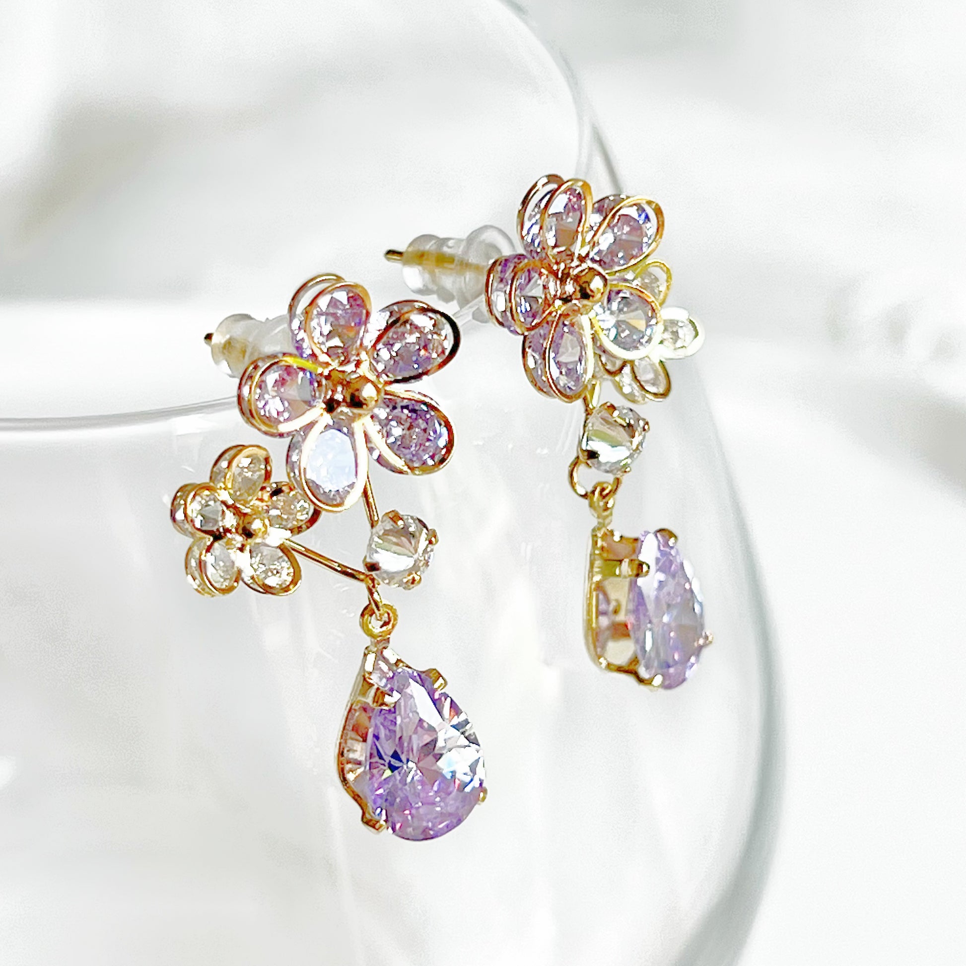 Purple Crystal Flower and Tear Drop Earrings-Ninaouity