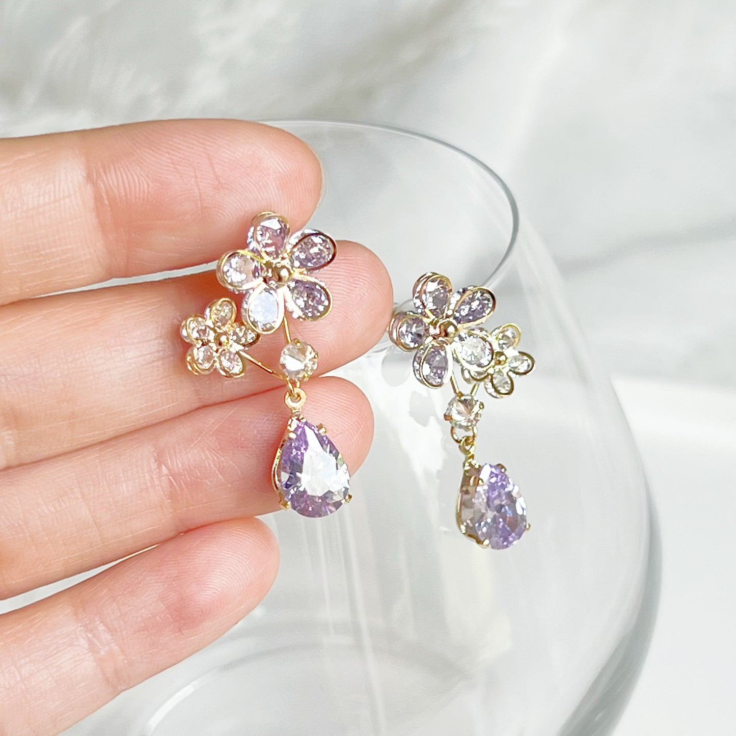 Purple Crystal Flower and Tear Drop Earrings-Ninaouity