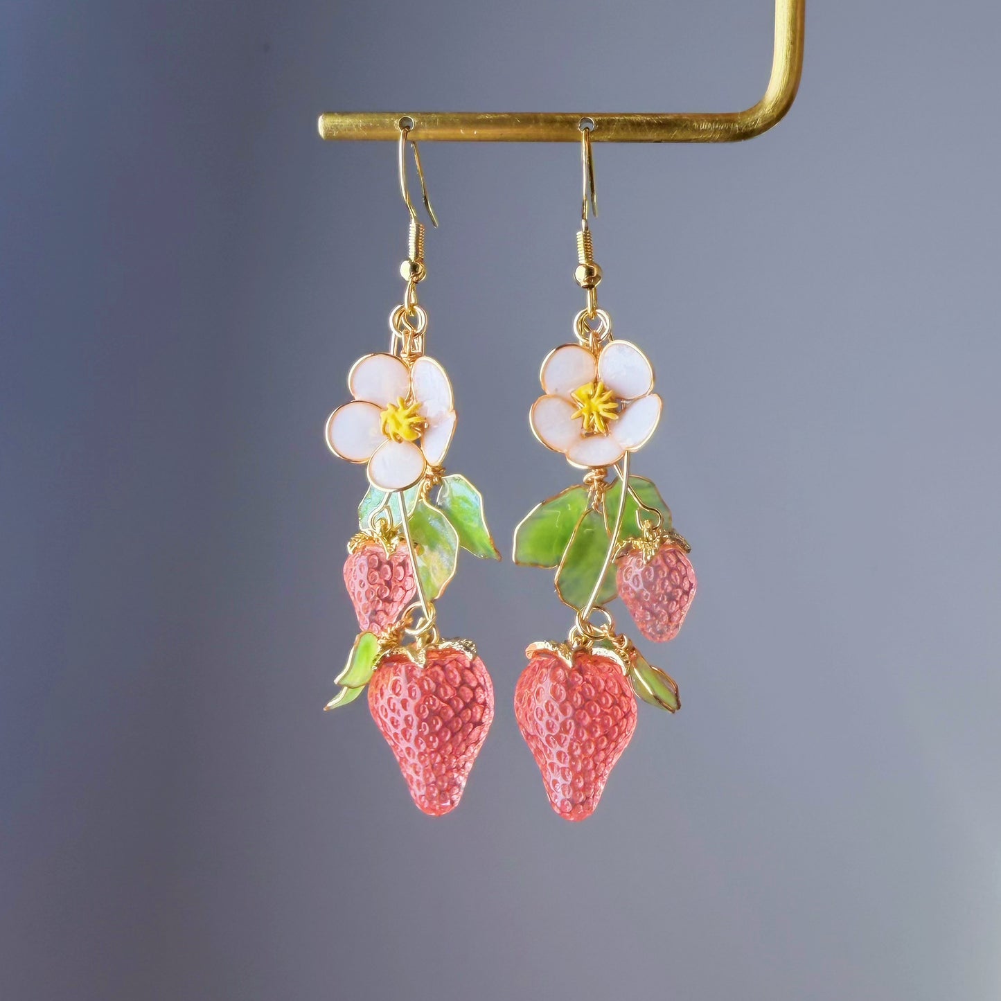 Handmade Pink Strawberry Plant Flowers and Leaves Dangle Earrings