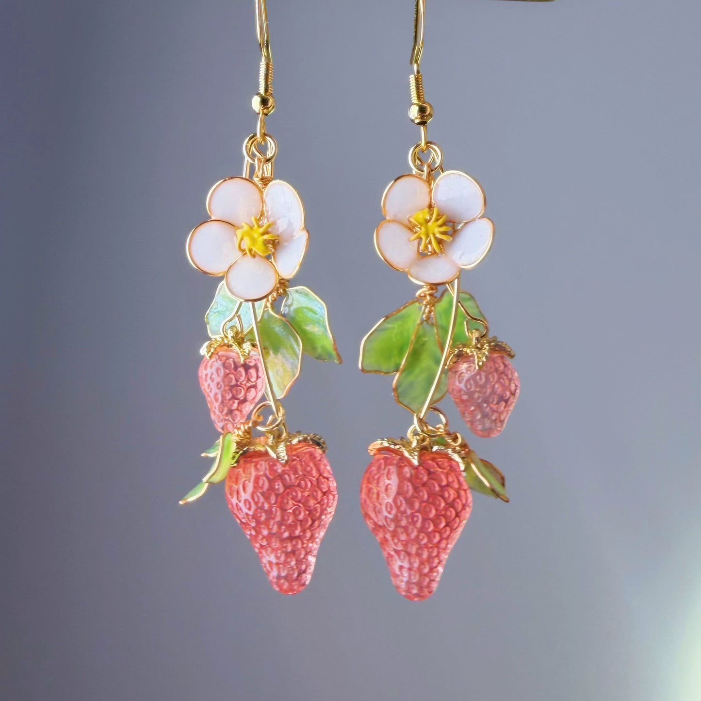 Handmade Pink Strawberry Plant Flowers and Leaves Dangle Earrings