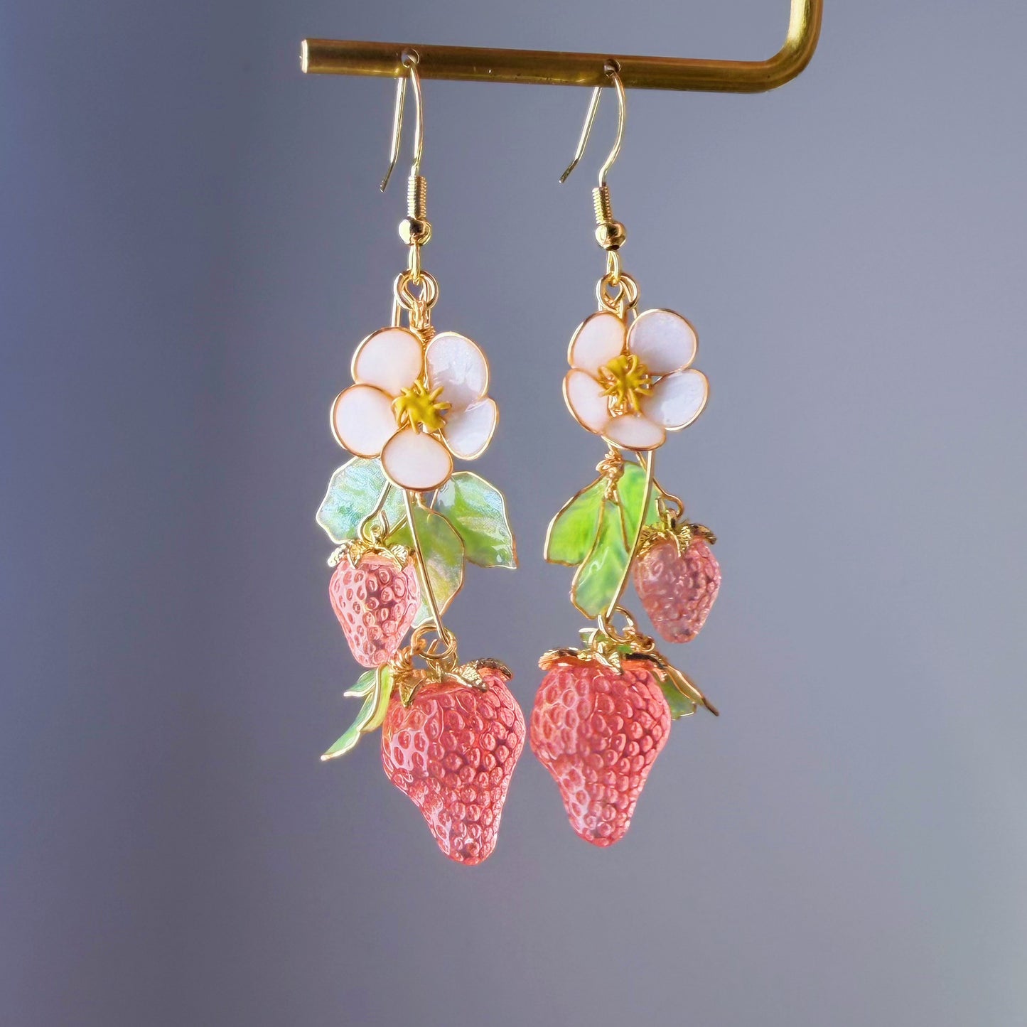 Handmade Pink Strawberry Plant Flowers and Leaves Dangle Earrings