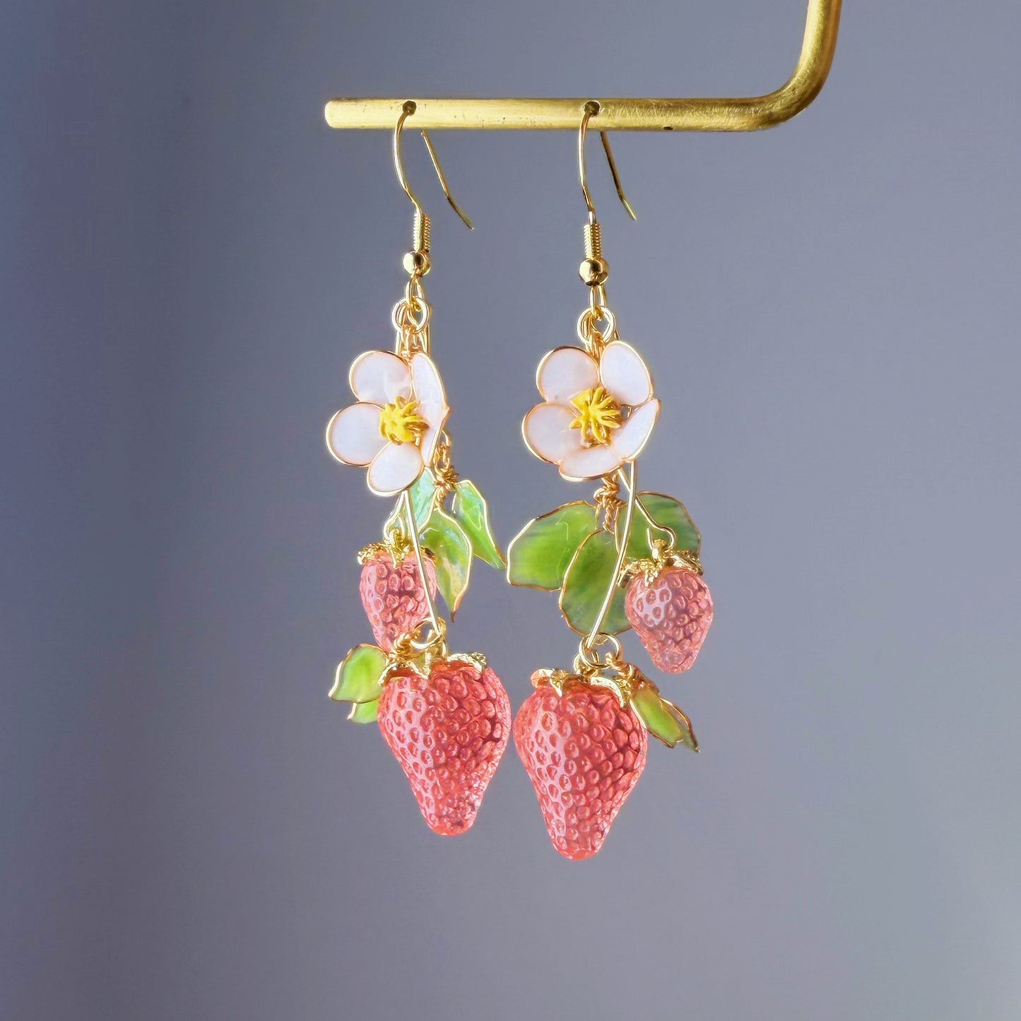 Handmade Pink Strawberry Plant Flowers and Leaves Dangle Earrings