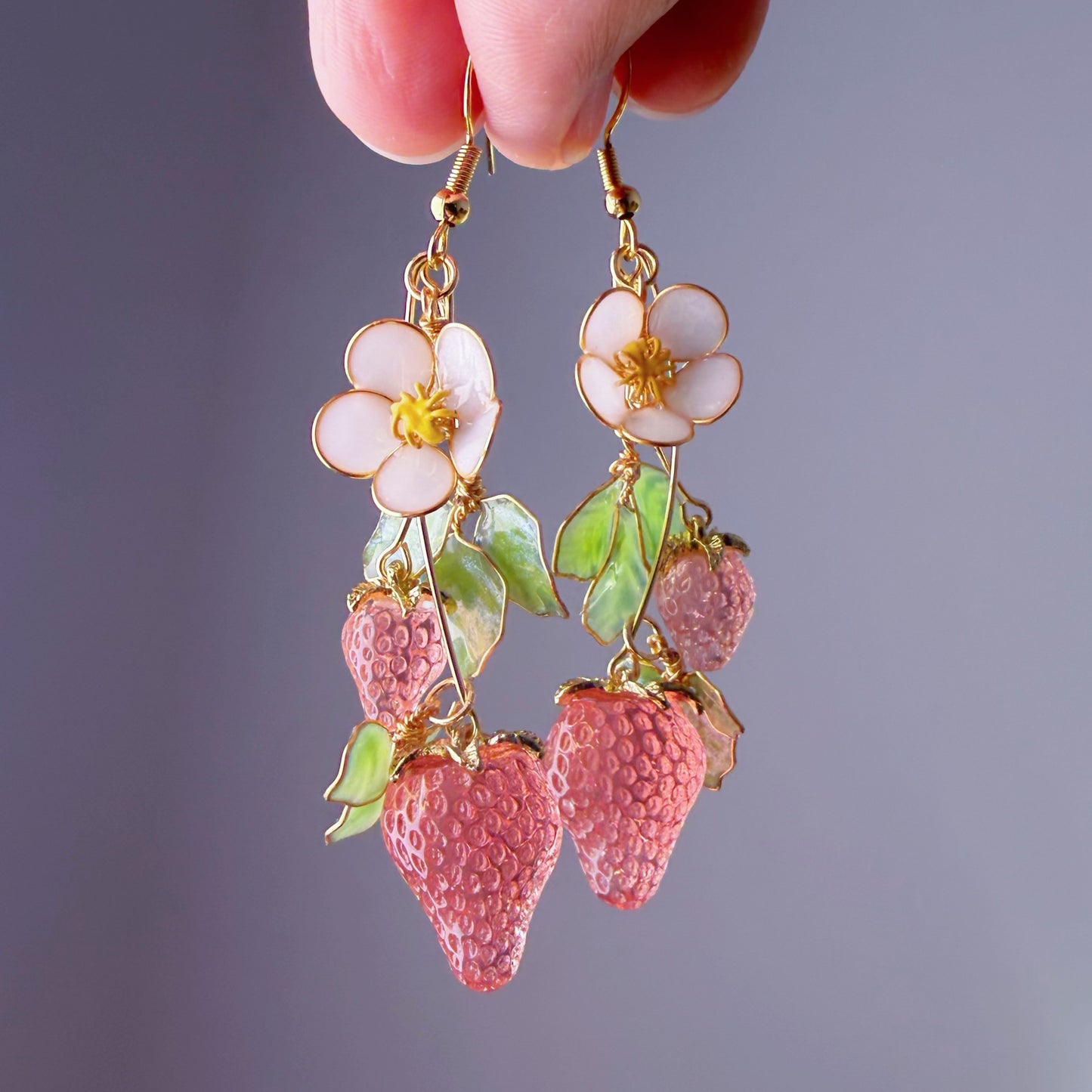 Handmade Pink Strawberry Plant Flowers and Leaves Dangle Earrings