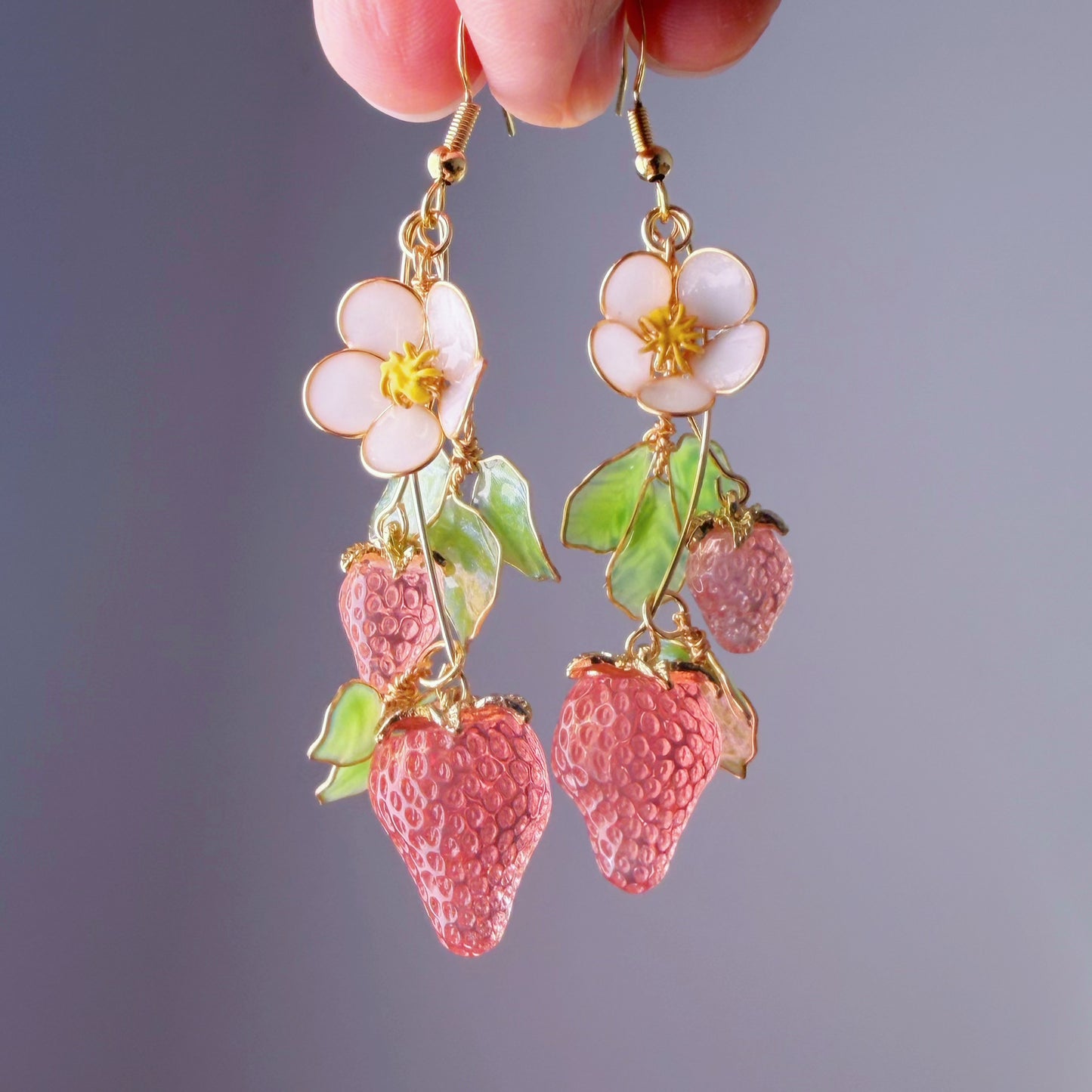 Handmade Pink Strawberry Plant Flowers and Leaves Dangle Earrings