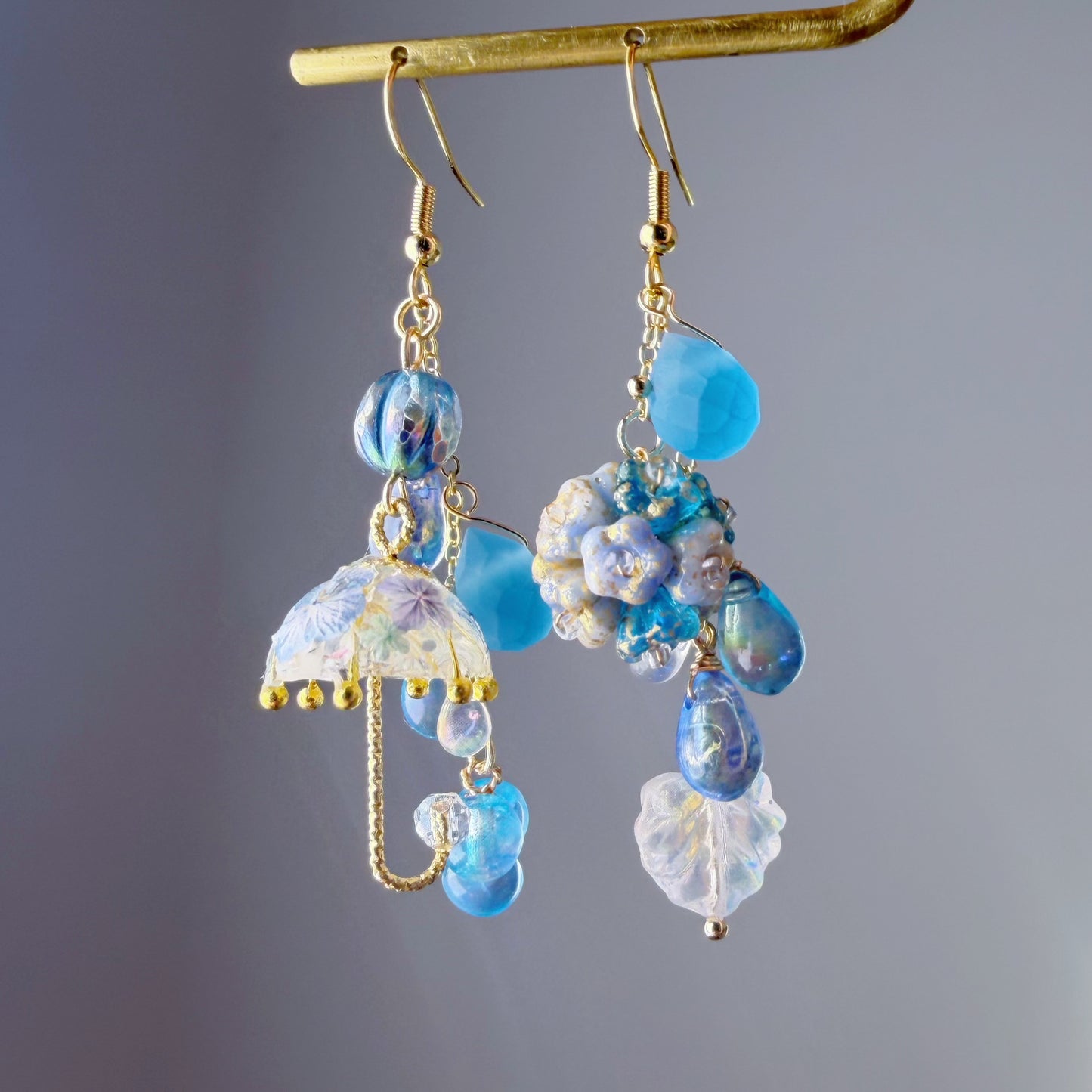 Handmade Umbrella and Blue Hydrangeas Flowers Dangle Earrings