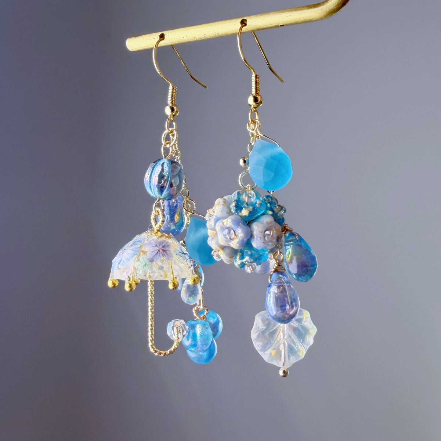 Handmade Umbrella and Blue Hydrangeas Flowers Dangle Earrings