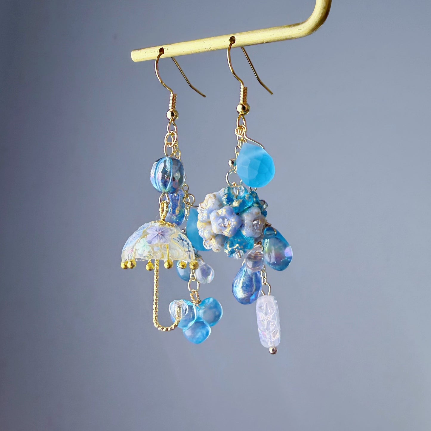 Handmade Umbrella and Blue Hydrangeas Flowers Dangle Earrings
