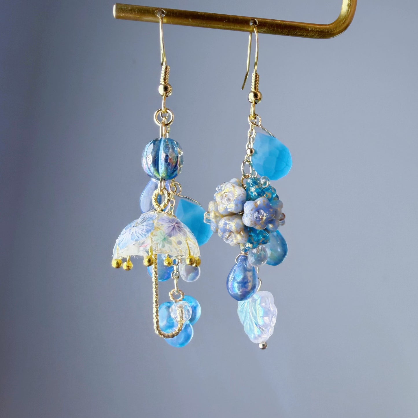 Handmade Umbrella and Blue Hydrangeas Flowers Dangle Earrings