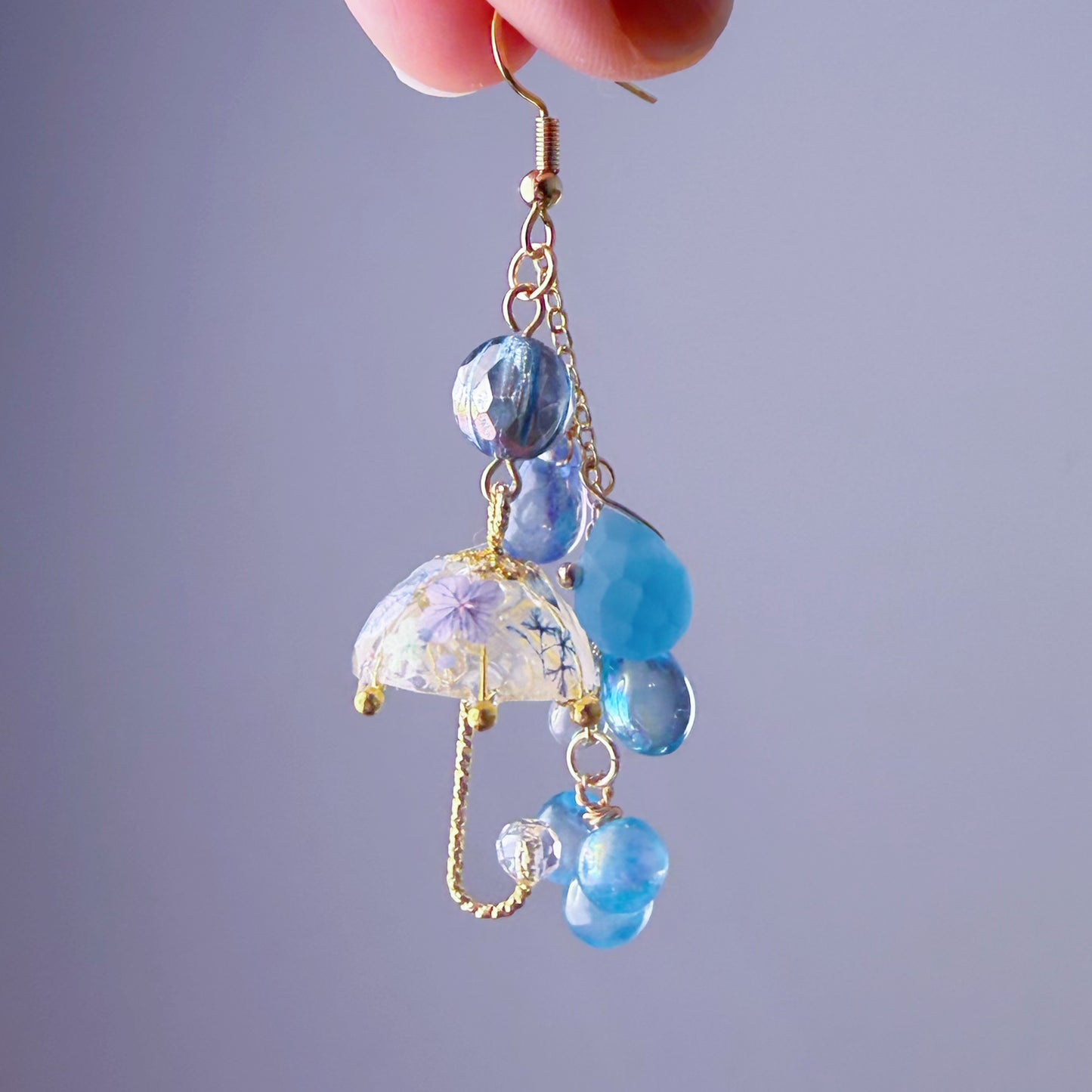 Handmade Umbrella and Blue Hydrangeas Flowers Dangle Earrings