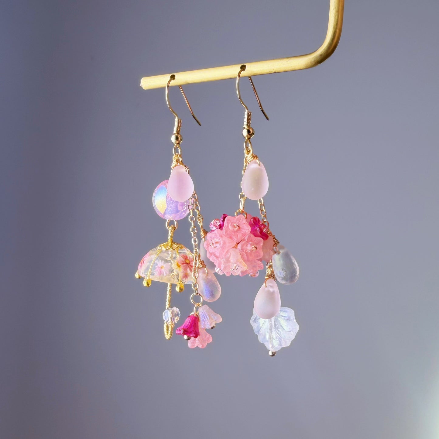 Handmade Hot Pink Hydrangeas Flowers in Rain and Umbrella Dangle Earrings