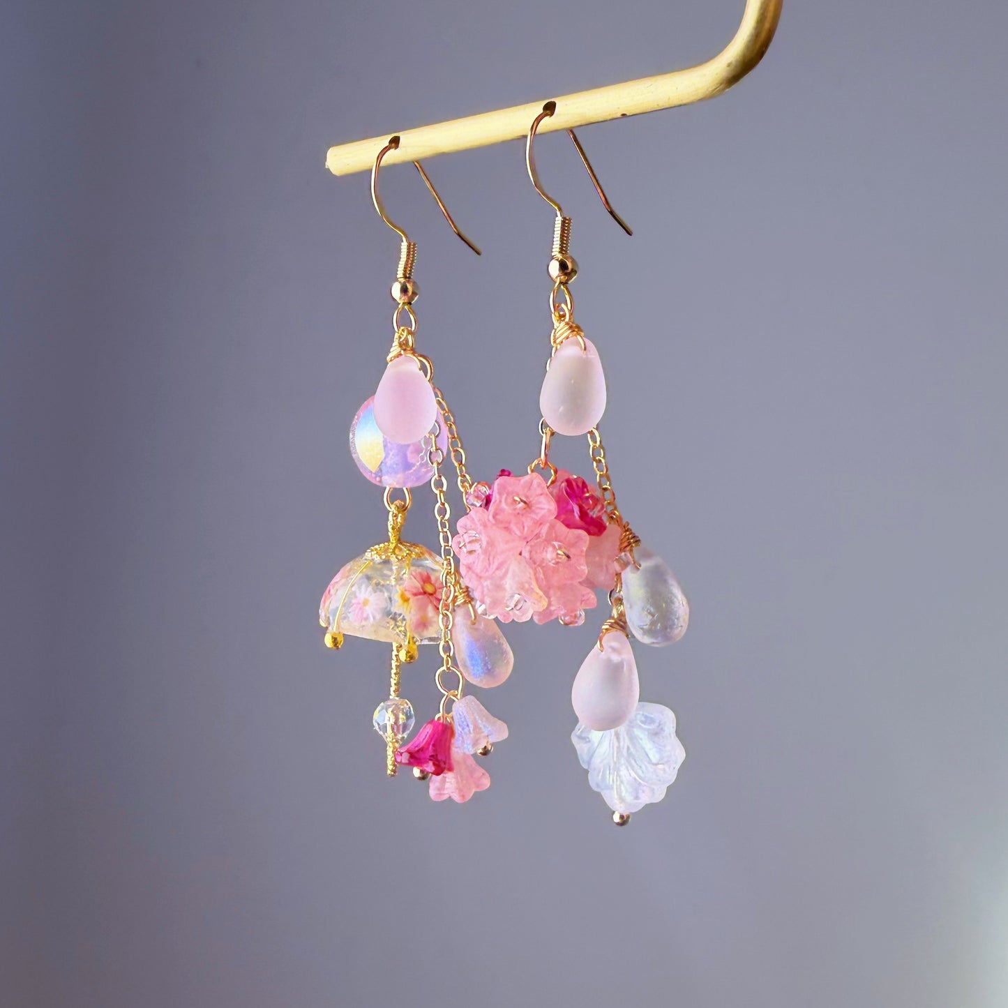 Handmade Hot Pink Hydrangeas Flowers in Rain and Umbrella Dangle Earrings
