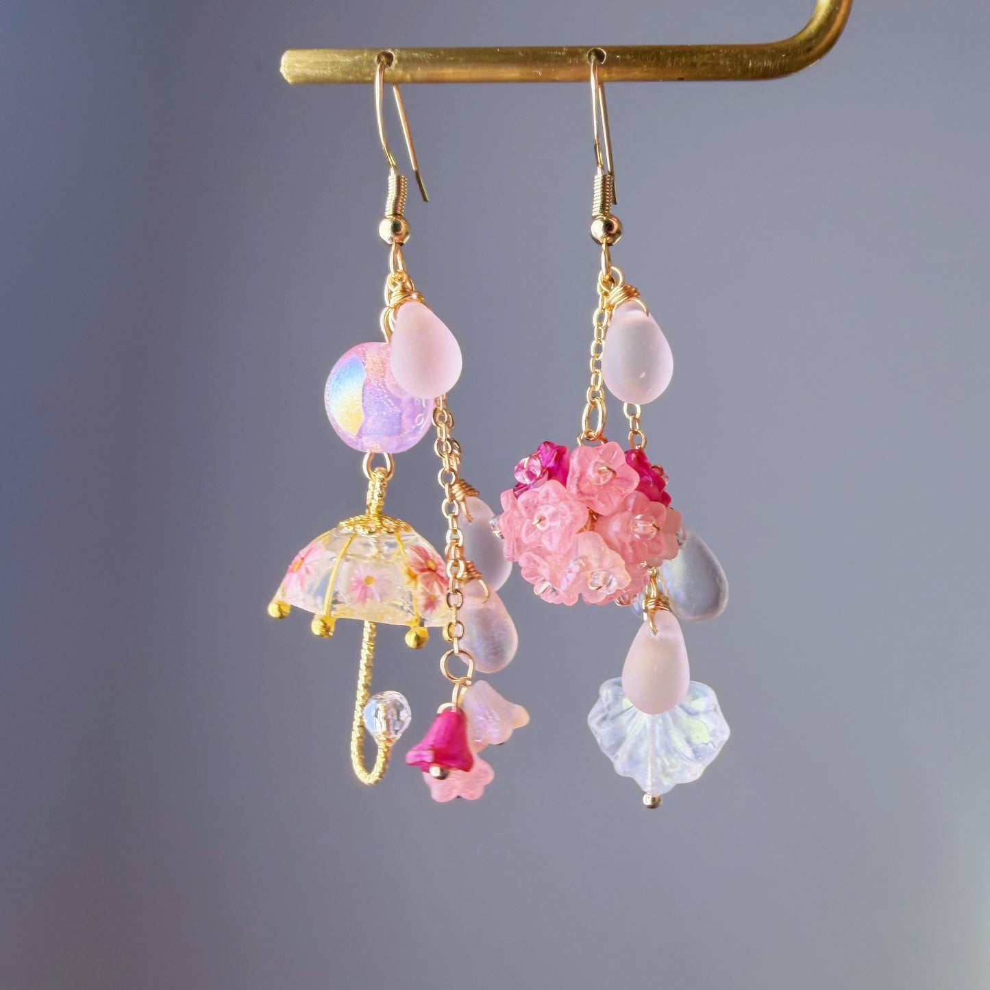Handmade Hot Pink Hydrangeas Flowers in Rain and Umbrella Dangle Earrings