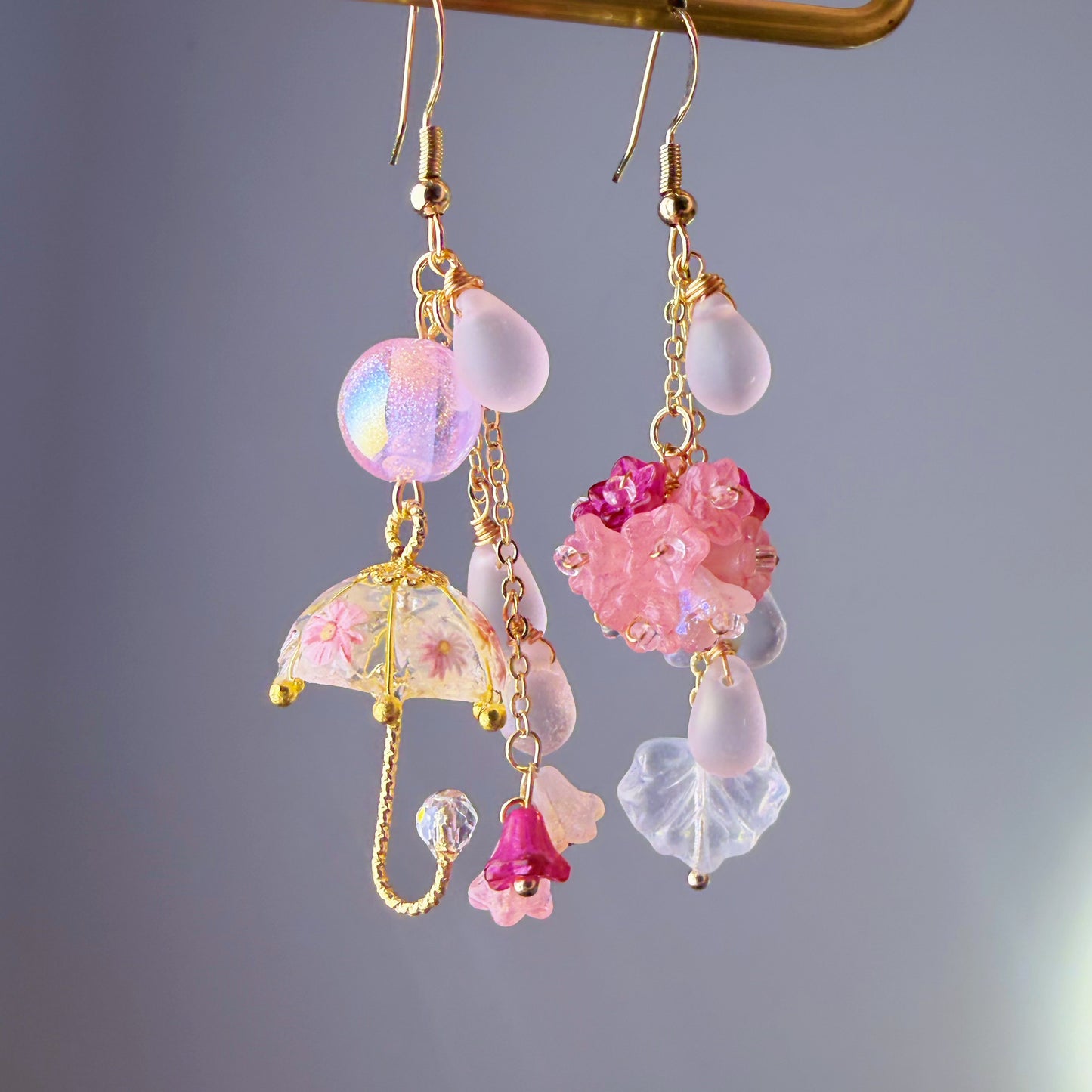 Handmade Hot Pink Hydrangeas Flowers in Rain and Umbrella Dangle Earrings