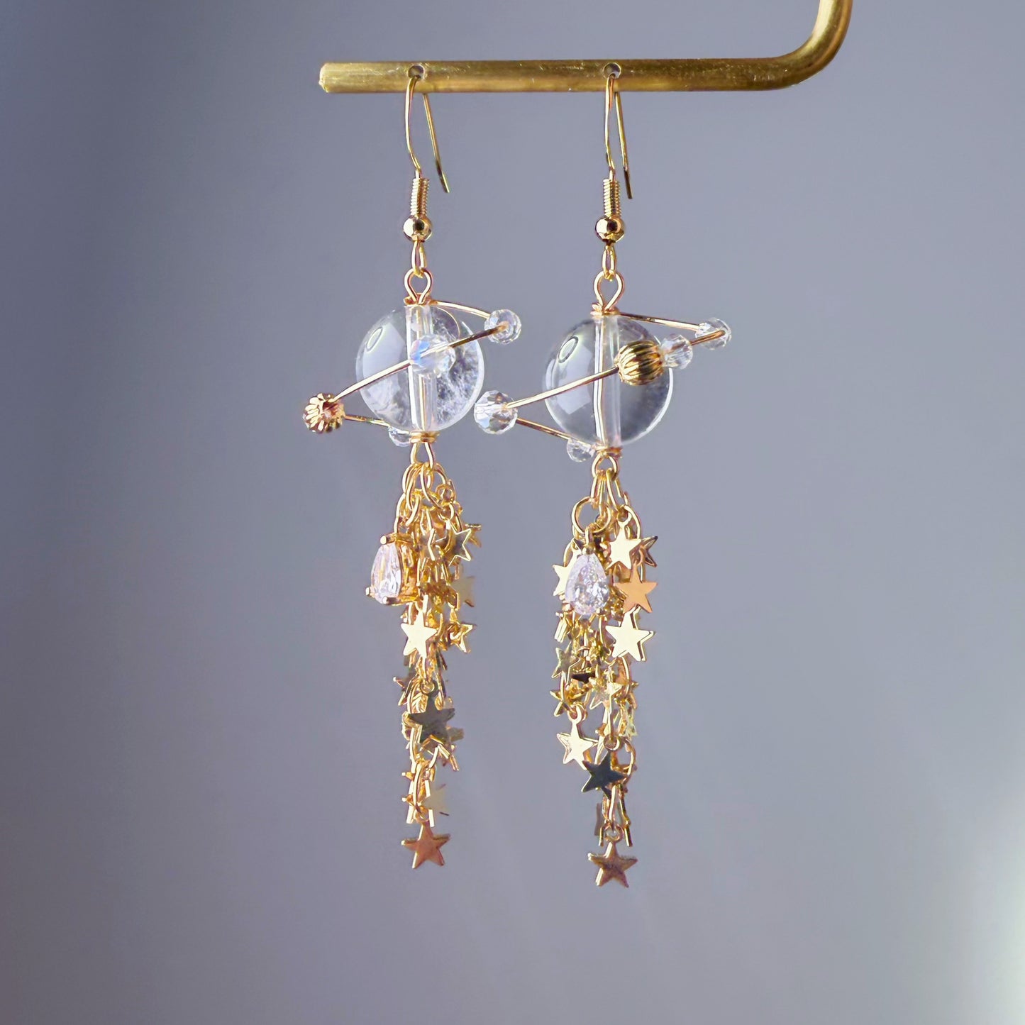 Handmade Clear Quartz Crystal Planet Milky Way Celestial Earrings