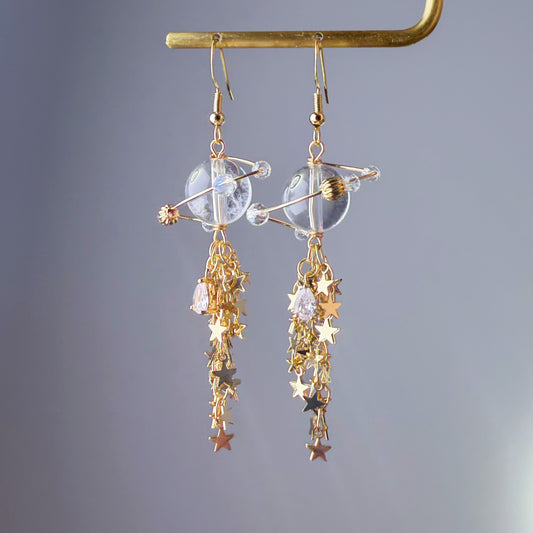 Handmade Clear Quartz Crystal Planet Milky Way Celestial Earrings
