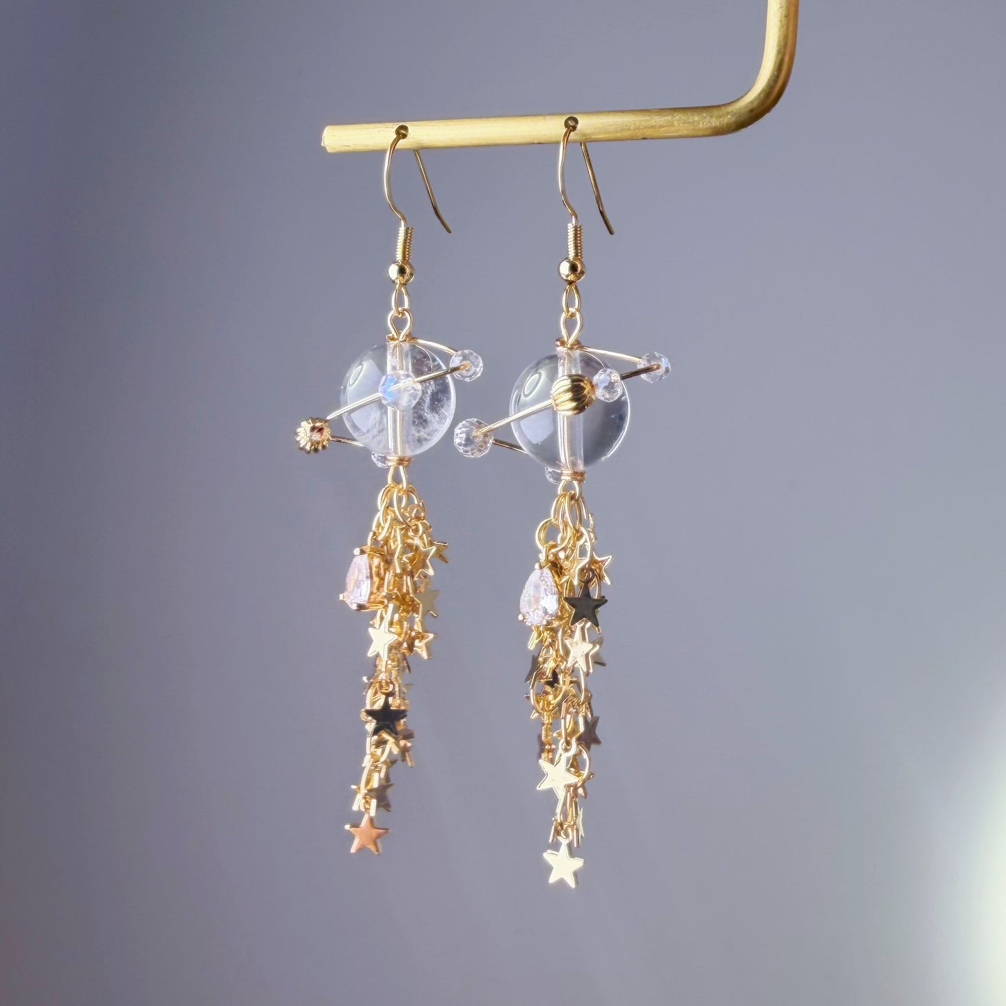 Handmade Clear Quartz Crystal Planet Milky Way Celestial Earrings