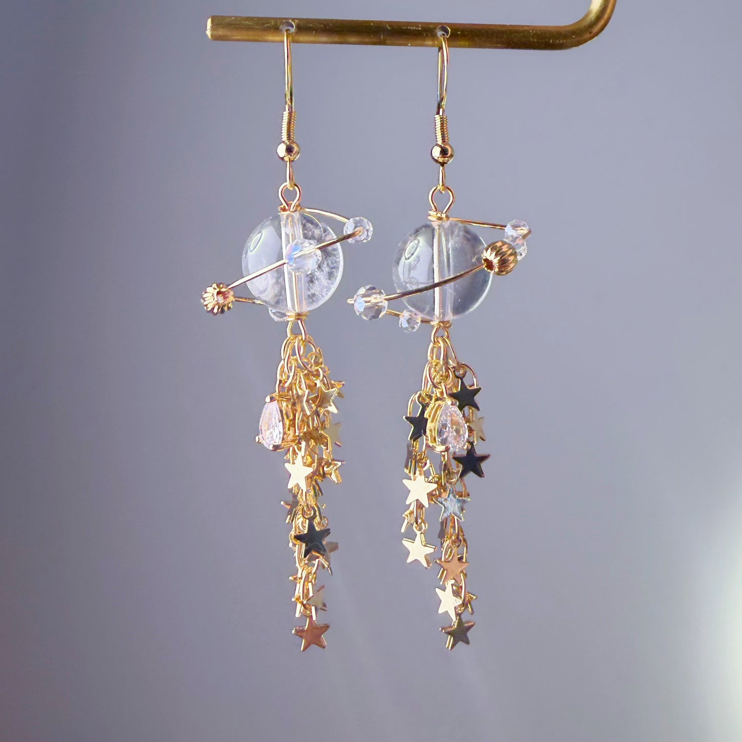 Handmade Clear Quartz Crystal Planet Milky Way Celestial Earrings
