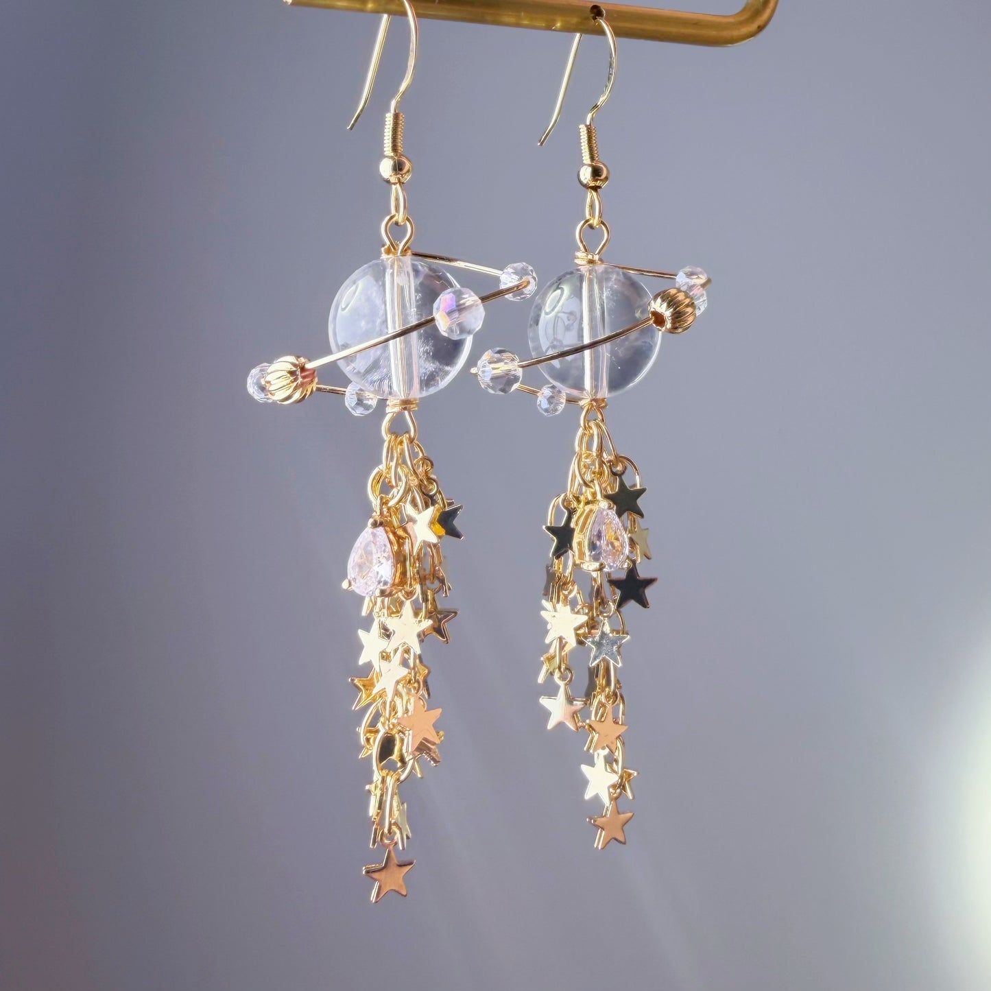 Handmade Clear Quartz Crystal Planet Milky Way Celestial Earrings