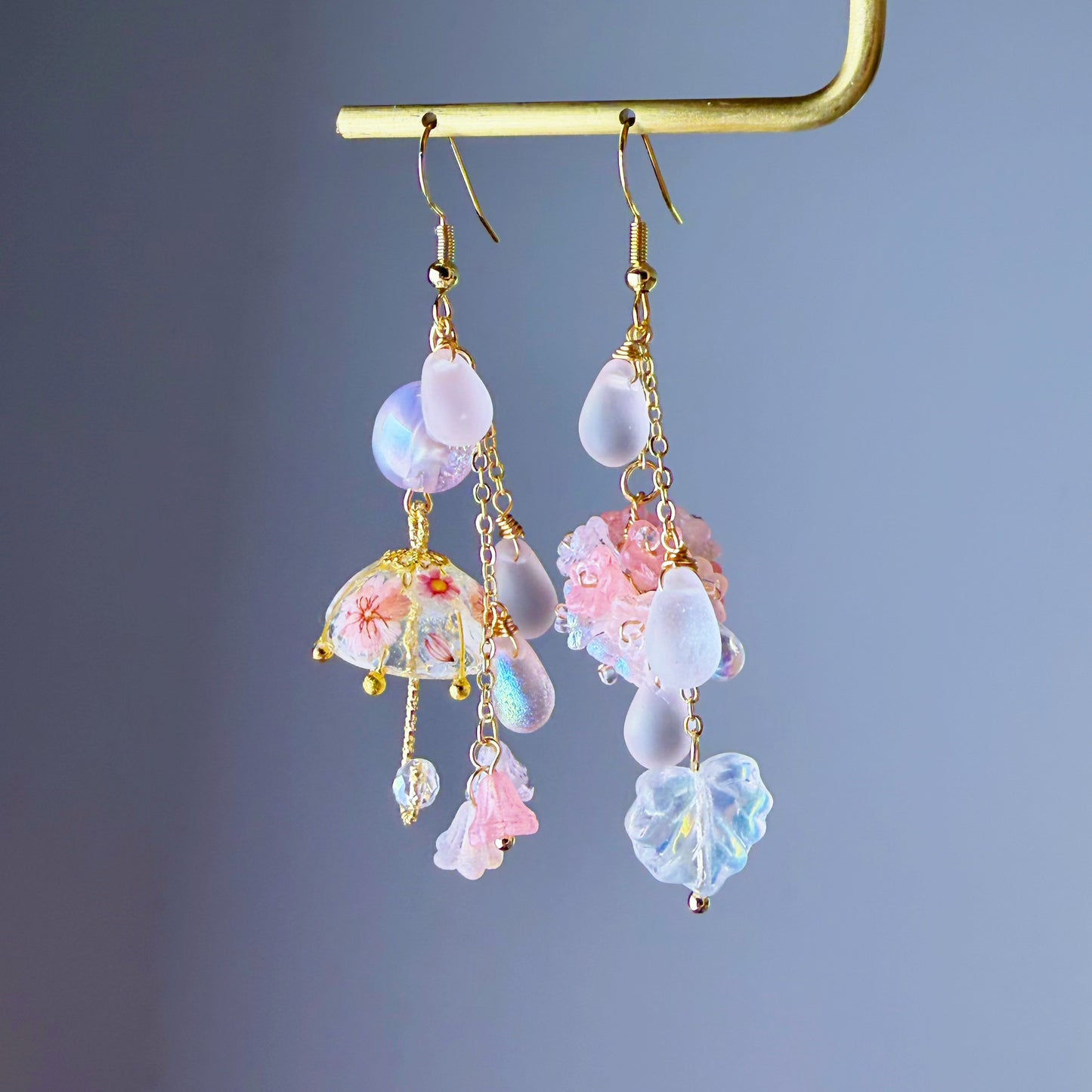 Handmade Light Pink Hydrangeas Flowers in Rain and Umbrella Dangle Earrings