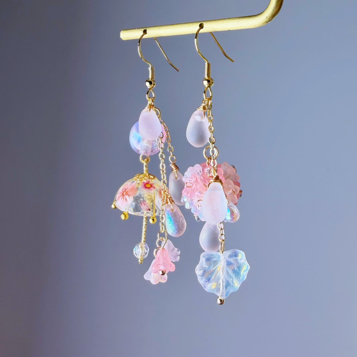 Handmade Light Pink Hydrangeas Flowers in Rain and Umbrella Dangle Earrings
