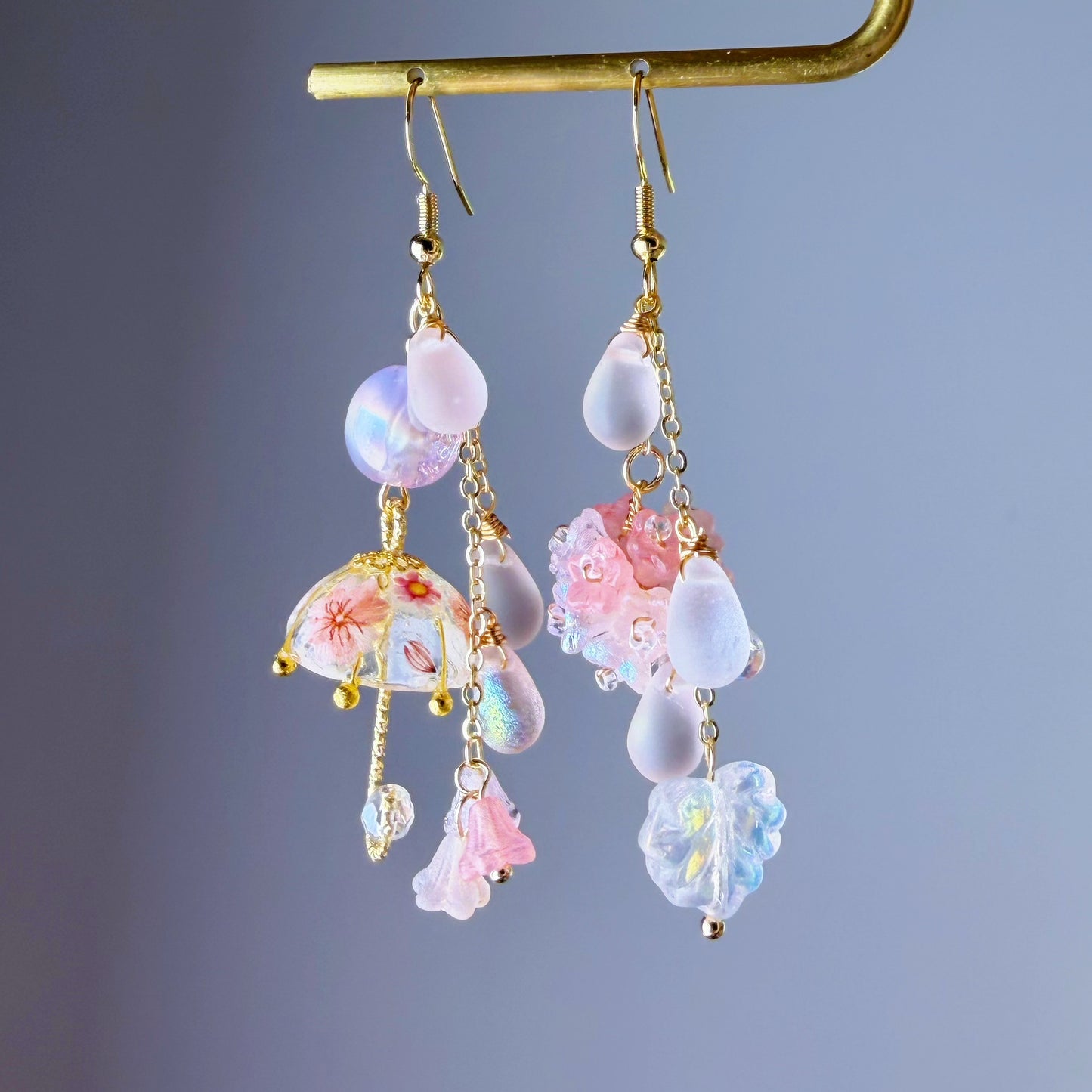 Handmade Light Pink Hydrangeas Flowers in Rain and Umbrella Dangle Earrings