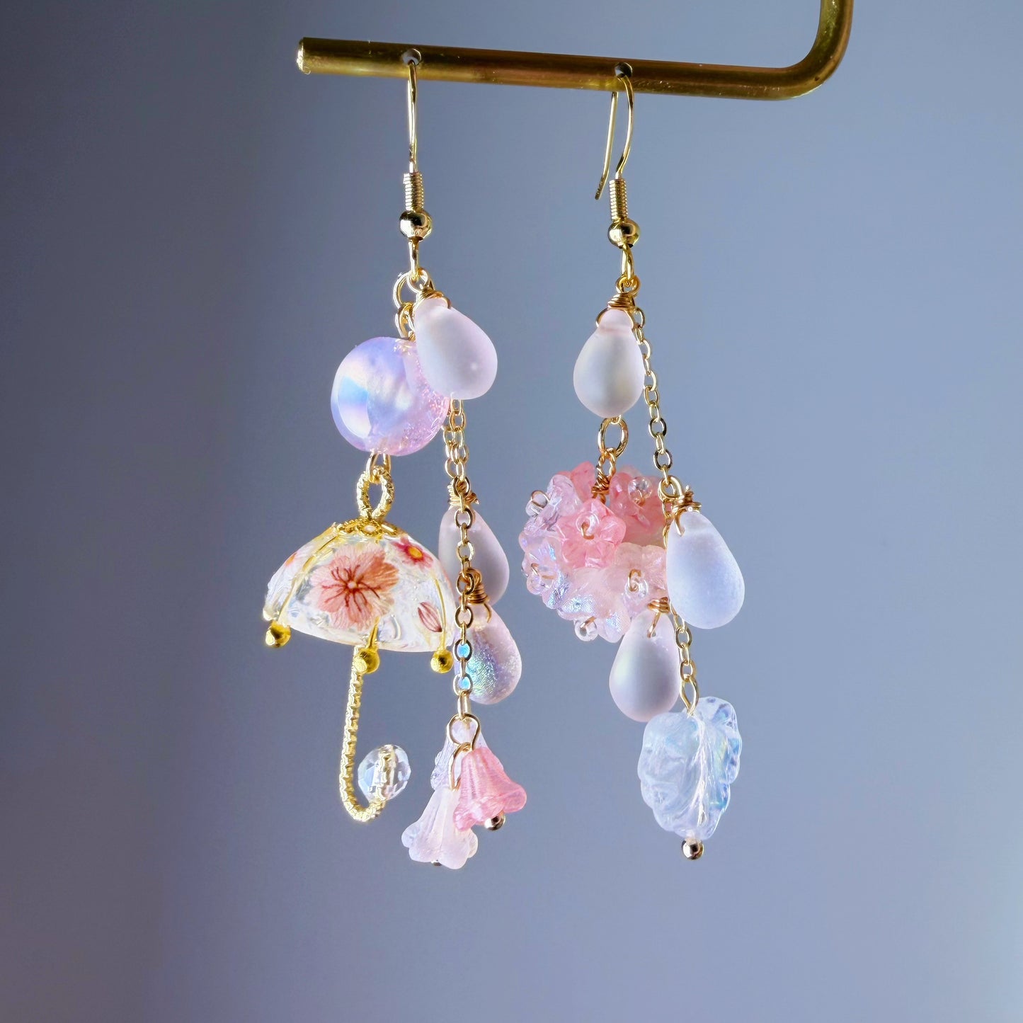 Handmade Light Pink Hydrangeas Flowers in Rain and Umbrella Dangle Earrings