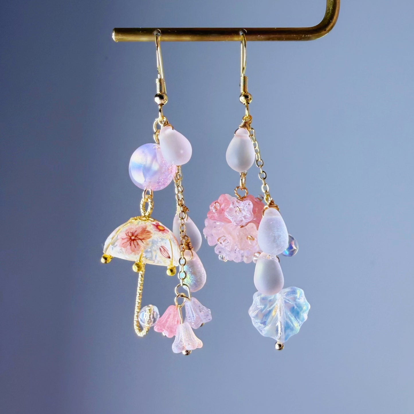 Handmade Light Pink Hydrangeas Flowers in Rain and Umbrella Dangle Earrings