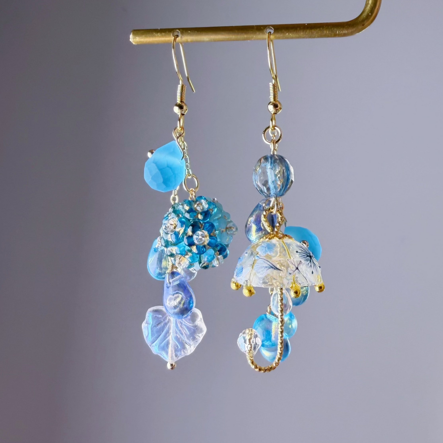 Handmade Sky Blue Hydrangeas Flowers In Rain Umbrella Dangle Earrings