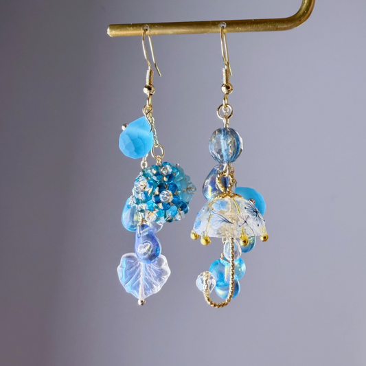 Handmade Sky Blue Hydrangeas Flowers In Rain Umbrella Dangle Earrings