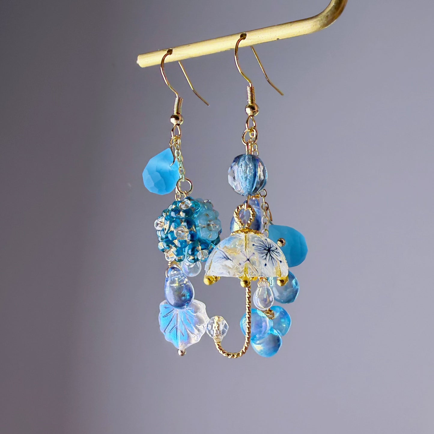 Handmade Sky Blue Hydrangeas Flowers In Rain Umbrella Dangle Earrings