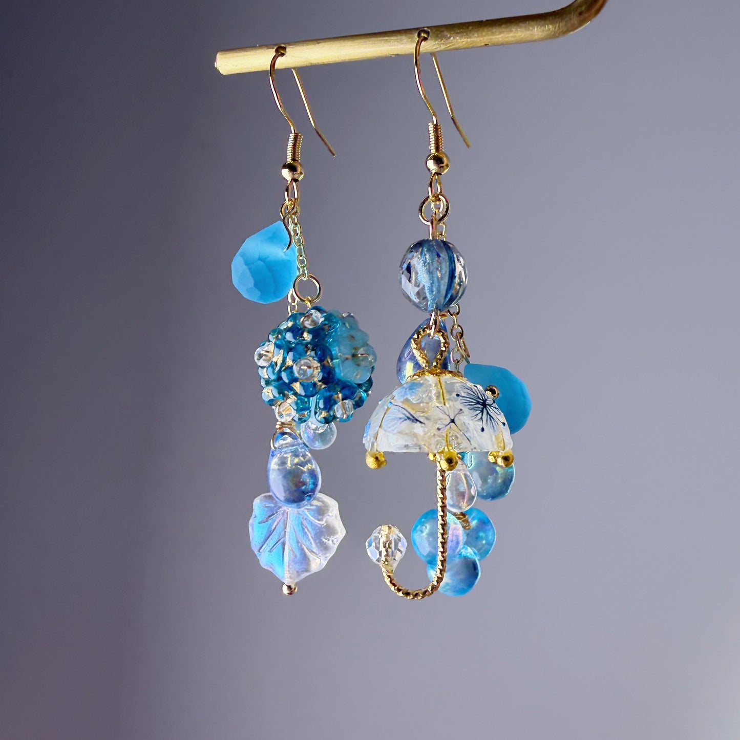Handmade Sky Blue Hydrangeas Flowers In Rain Umbrella Dangle Earrings