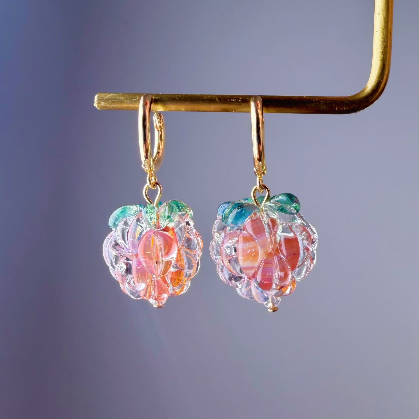 Handmade Lampwork Glass Iced Golden Peach Colour Raspberries Hoop Earrings