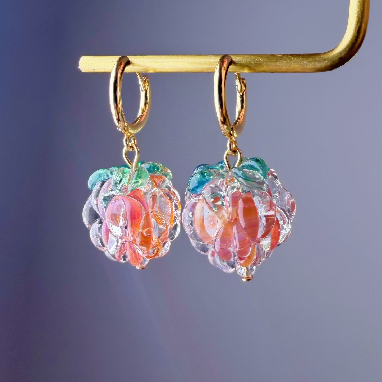 Handmade Lampwork Glass Iced Golden Peach Colour Raspberries Hoop Earrings