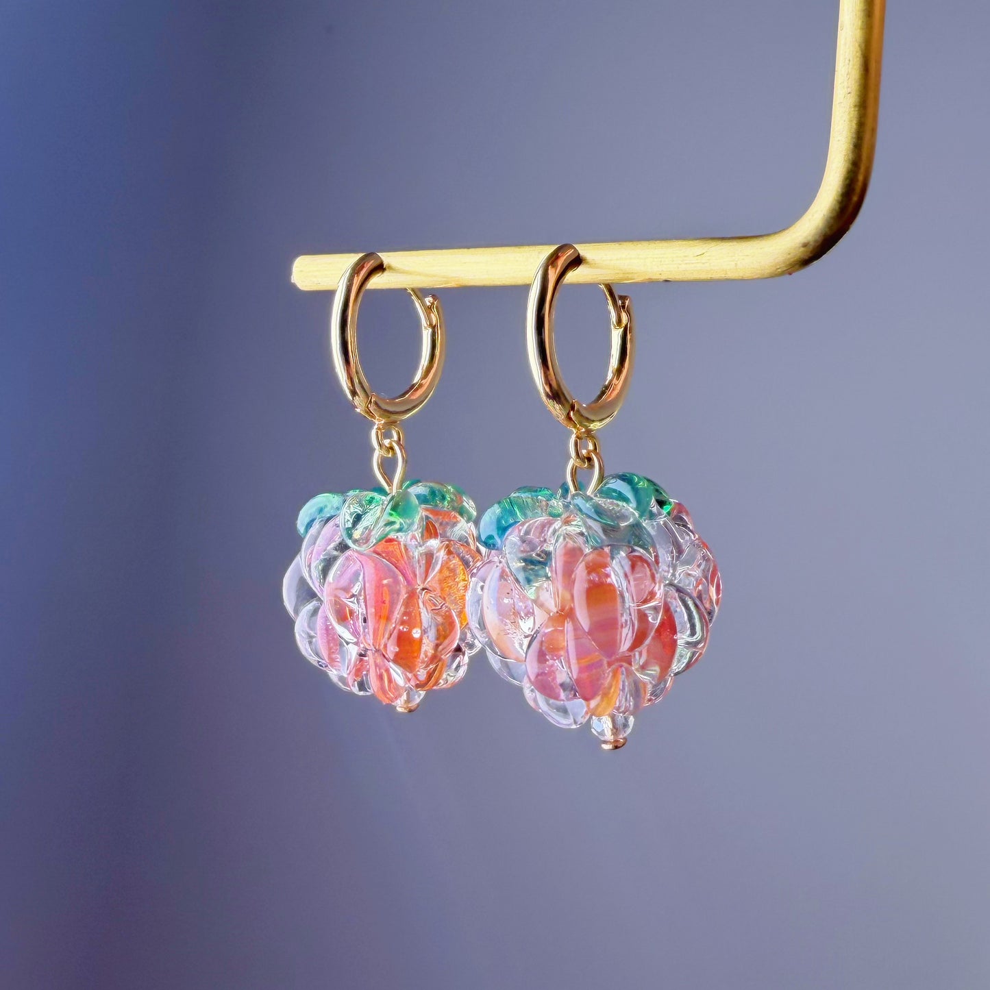 Handmade Lampwork Glass Iced Golden Peach Colour Raspberries Hoop Earrings
