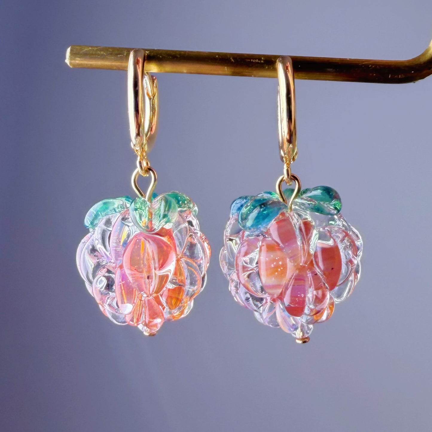 Handmade Lampwork Glass Iced Golden Peach Colour Raspberries Hoop Earrings