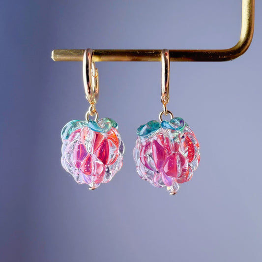Handmade Lampwork Glass Iced Red Raspberries Hoop Earrings