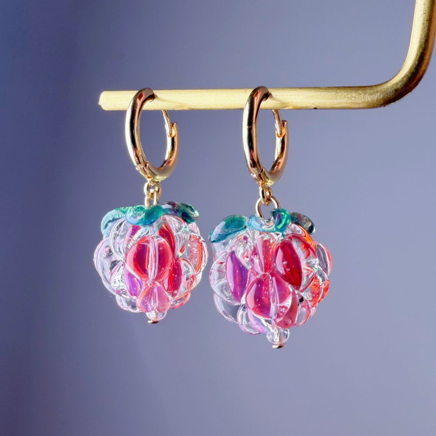 Handmade Lampwork Glass Iced Red Raspberries Hoop Earrings