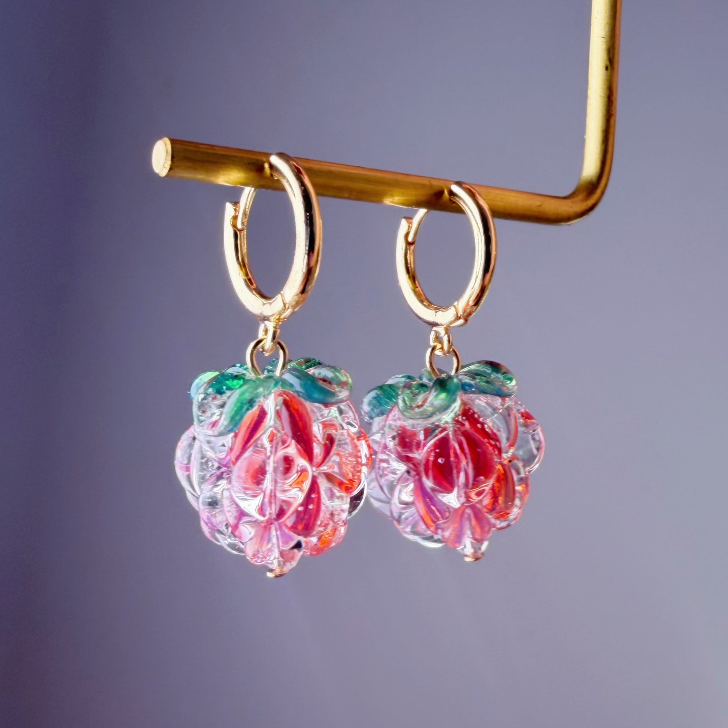 Handmade Lampwork Glass Iced Red Raspberries Hoop Earrings