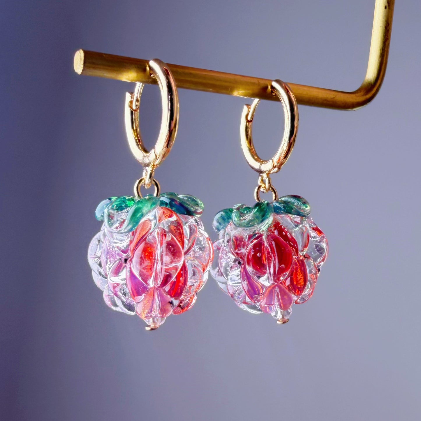 Handmade Lampwork Glass Iced Red Raspberries Hoop Earrings