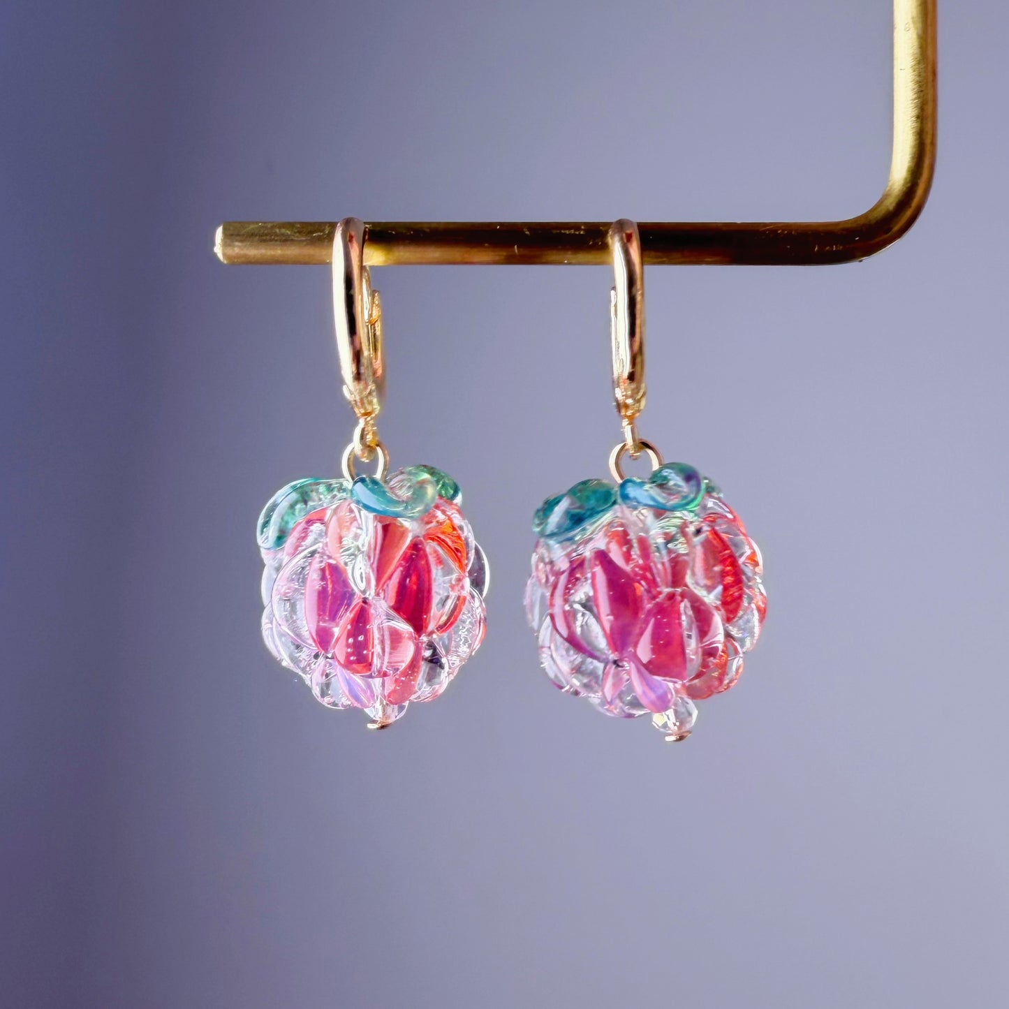 Handmade Lampwork Glass Iced Red Raspberries Hoop Earrings
