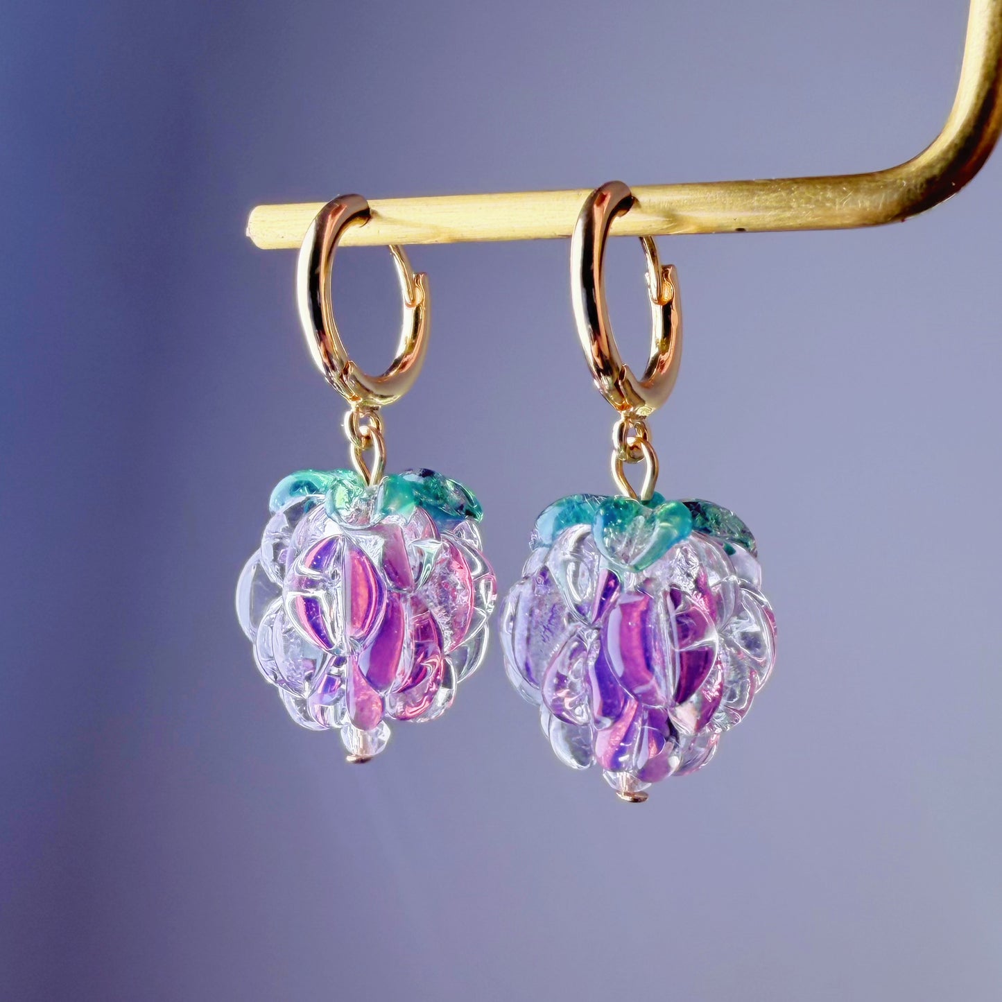 Handmade Lampwork Glass Iced Purple Raspberries Hoop Earrings
