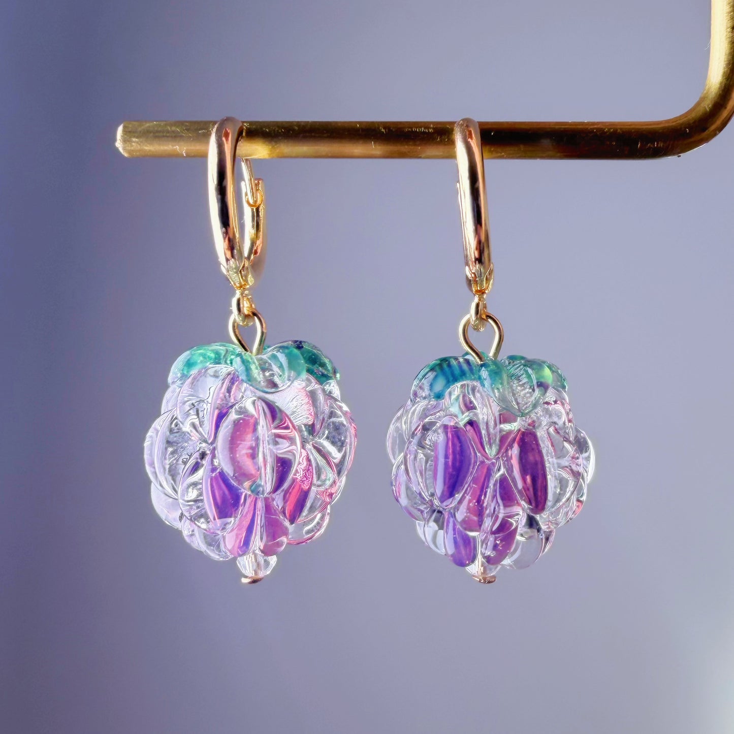Handmade Lampwork Glass Iced Purple Raspberries Hoop Earrings