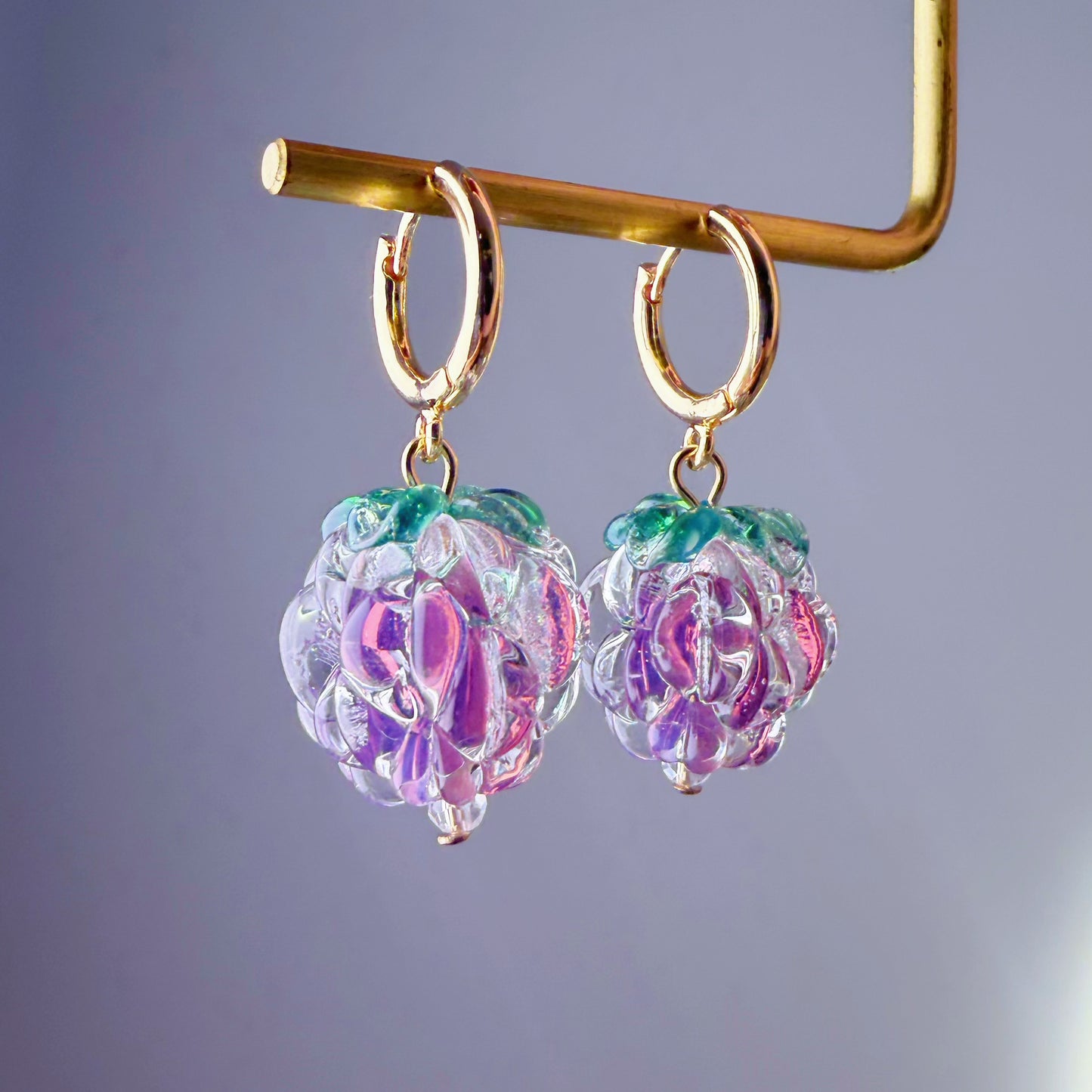 Handmade Lampwork Glass Iced Purple Raspberries Hoop Earrings
