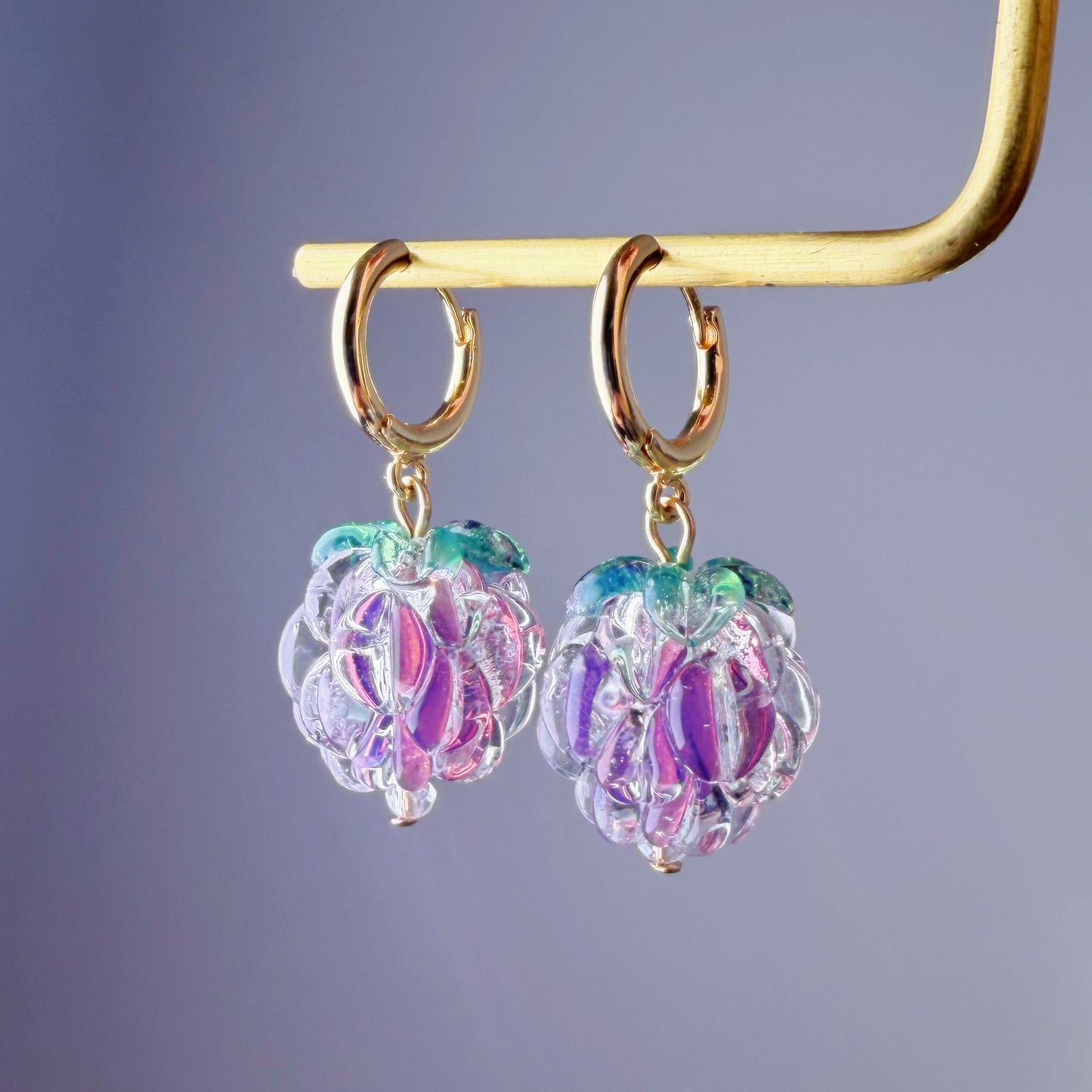 Handmade Lampwork Glass Iced Purple Raspberries Hoop Earrings