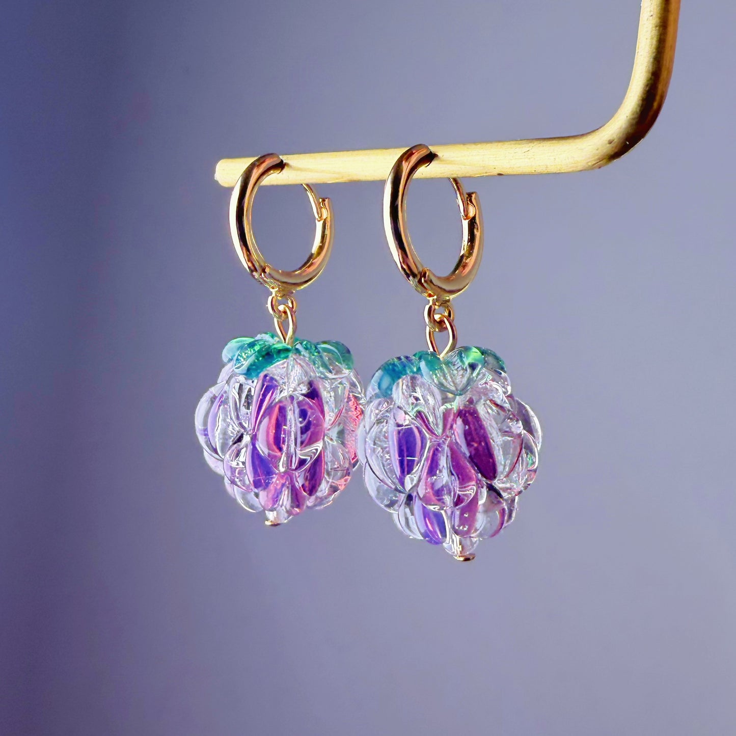 Handmade Lampwork Glass Iced Purple Raspberries Hoop Earrings