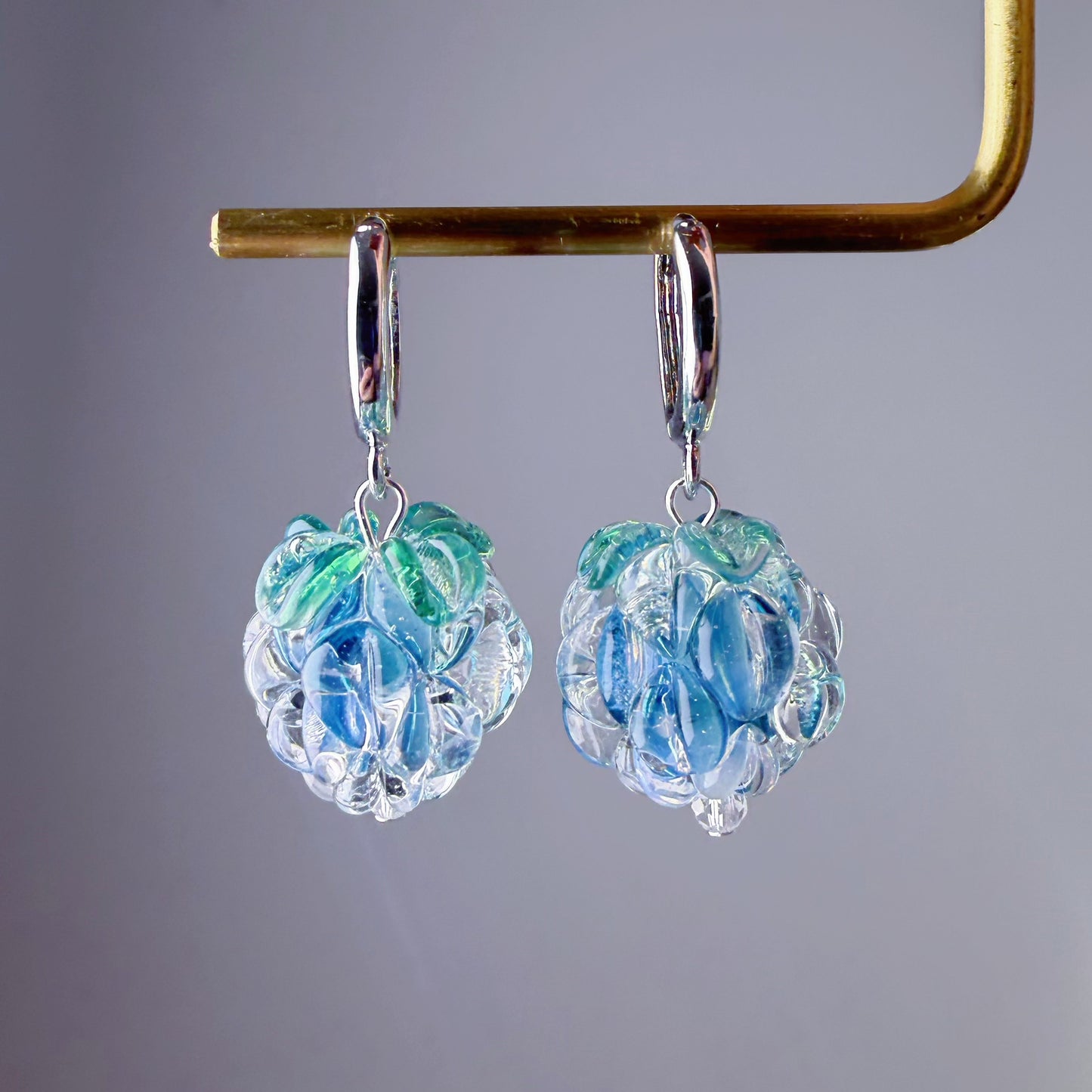 Handmade Lampwork Glass Iced Blue Raspberries Hoop Earrings
