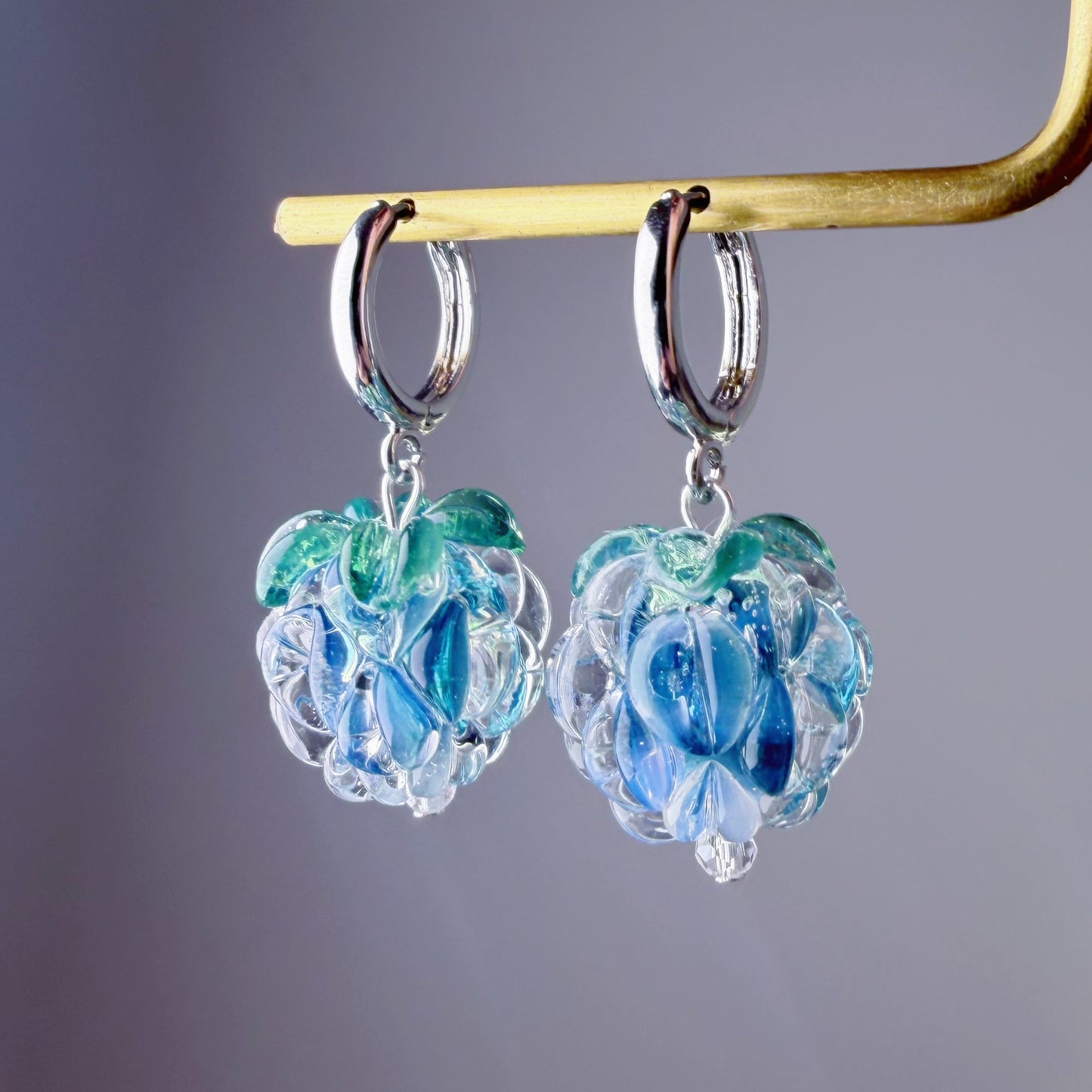 Handmade Lampwork Glass Iced Blue Raspberries Hoop Earrings
