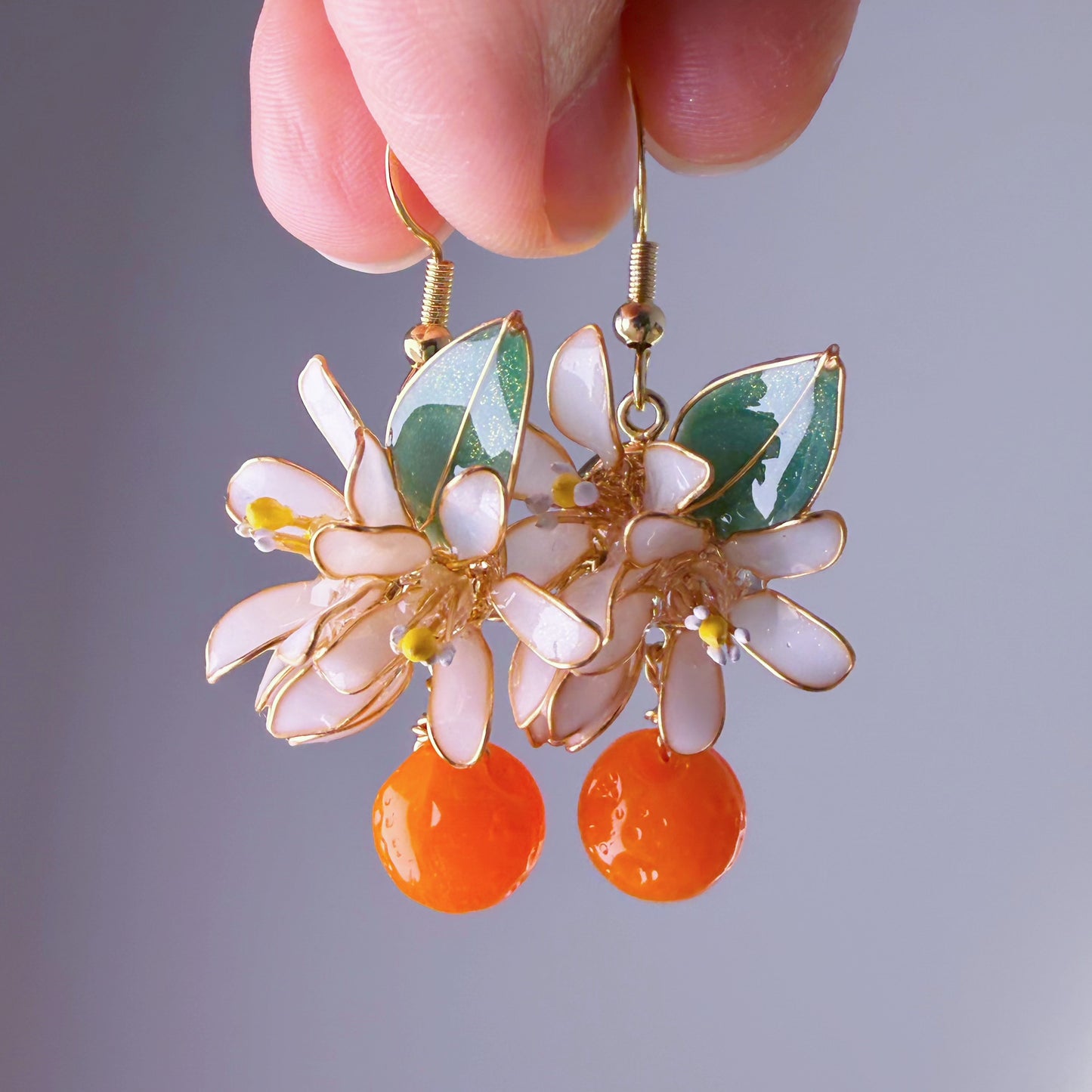 Handmade Citrus Orange Blossom Flowers and Fruit Drop Earrings